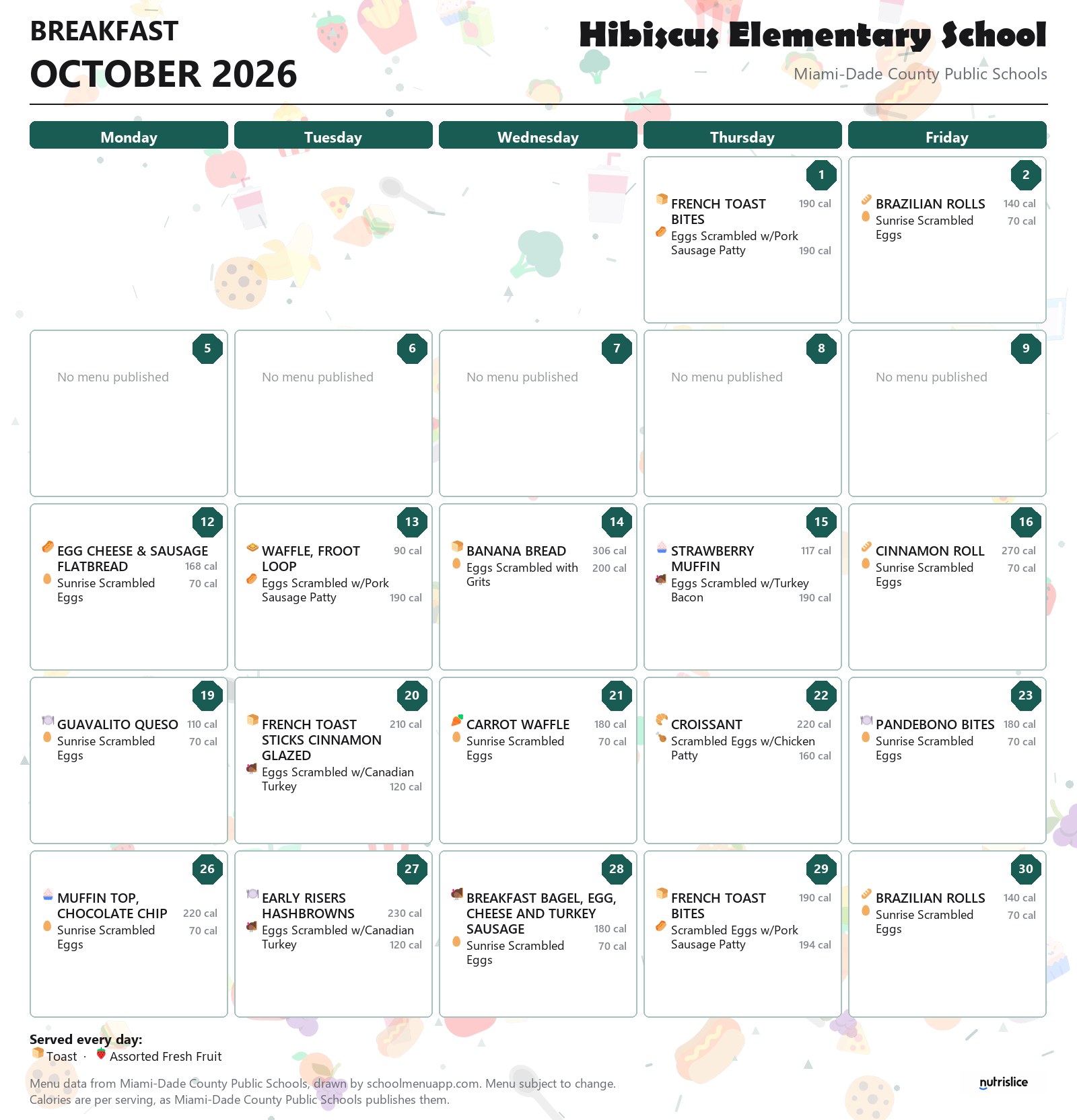 Hibiscus Elementary School breakfast menu for October 2026 &mdash; Miami-Dade County Public Schools