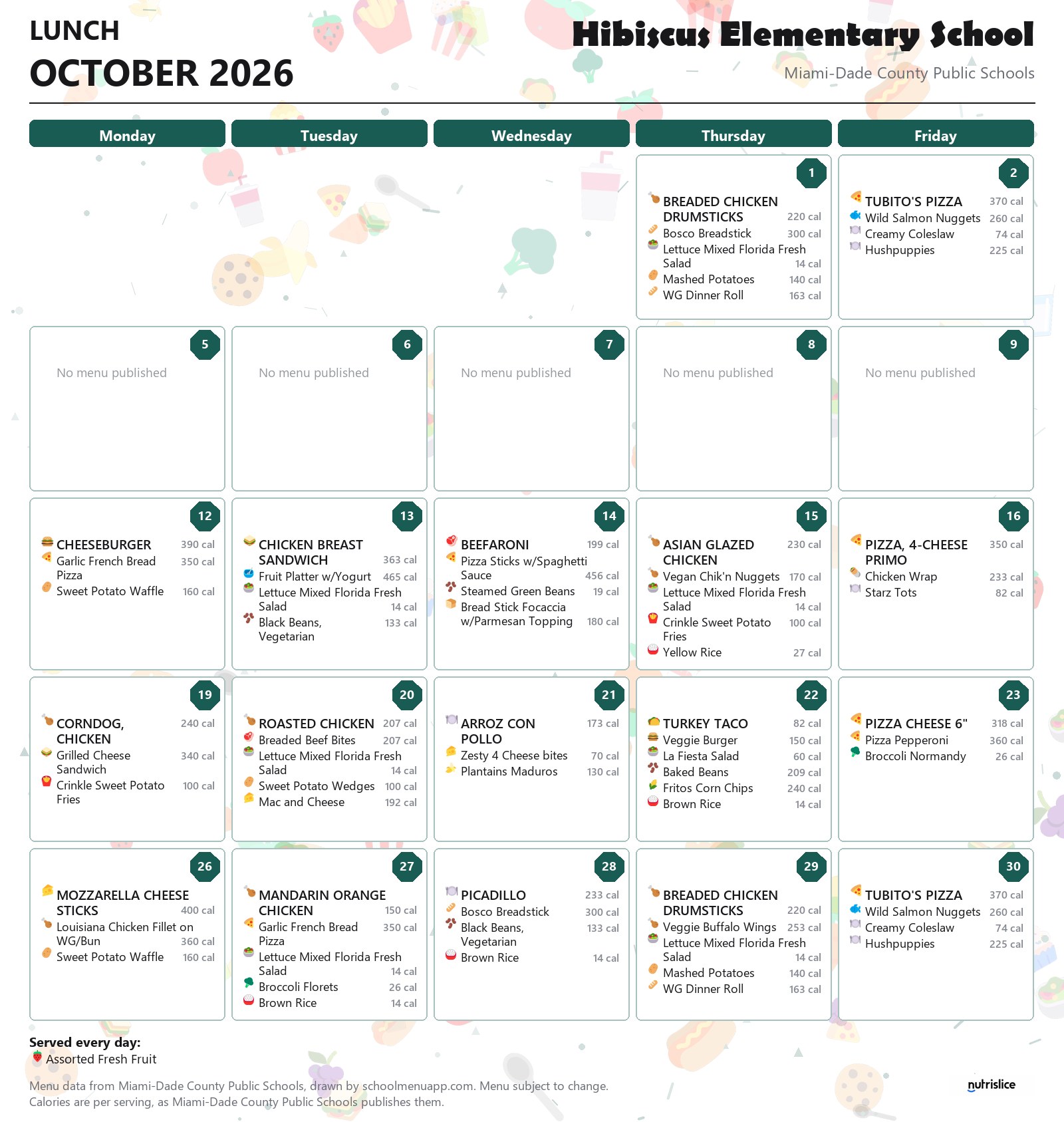 Hibiscus Elementary School lunch menu for October 2026 &mdash; Miami-Dade County Public Schools