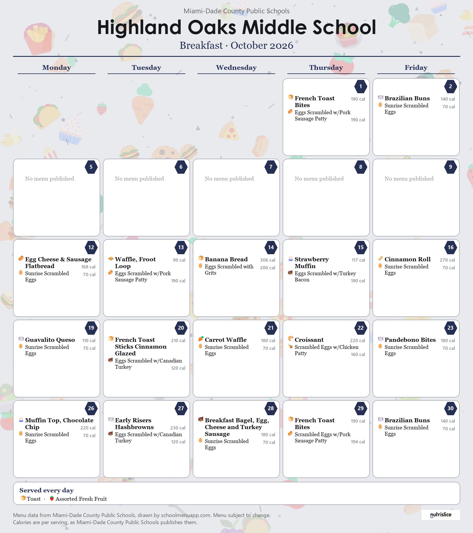 Highland Oaks Middle School breakfast menu for October 2026 &mdash; Miami-Dade County Public Schools