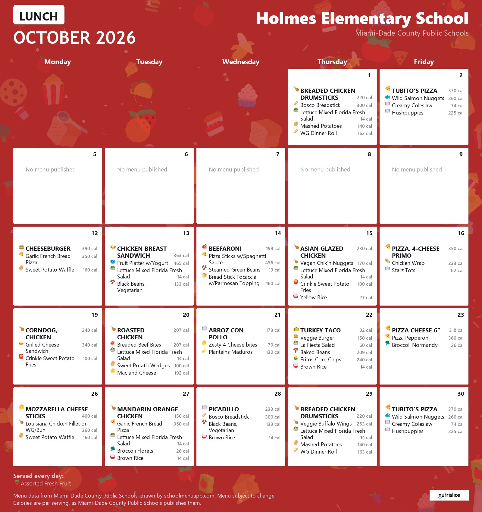 Holmes Elementary School lunch menu for October 2026 &mdash; Miami-Dade County Public Schools