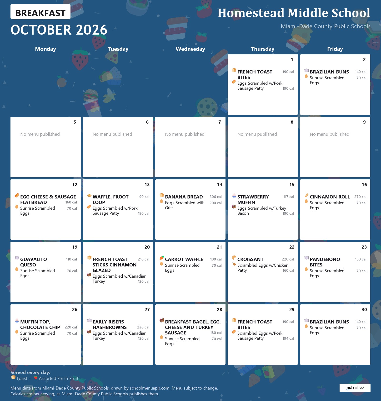 Homestead Middle School breakfast menu for October 2026 &mdash; Miami-Dade County Public Schools