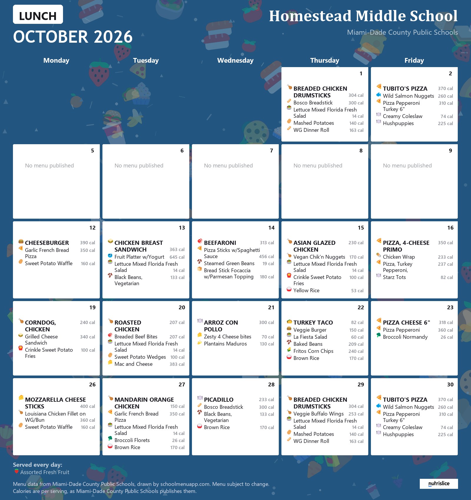 Homestead Middle School lunch menu for October 2026 &mdash; Miami-Dade County Public Schools