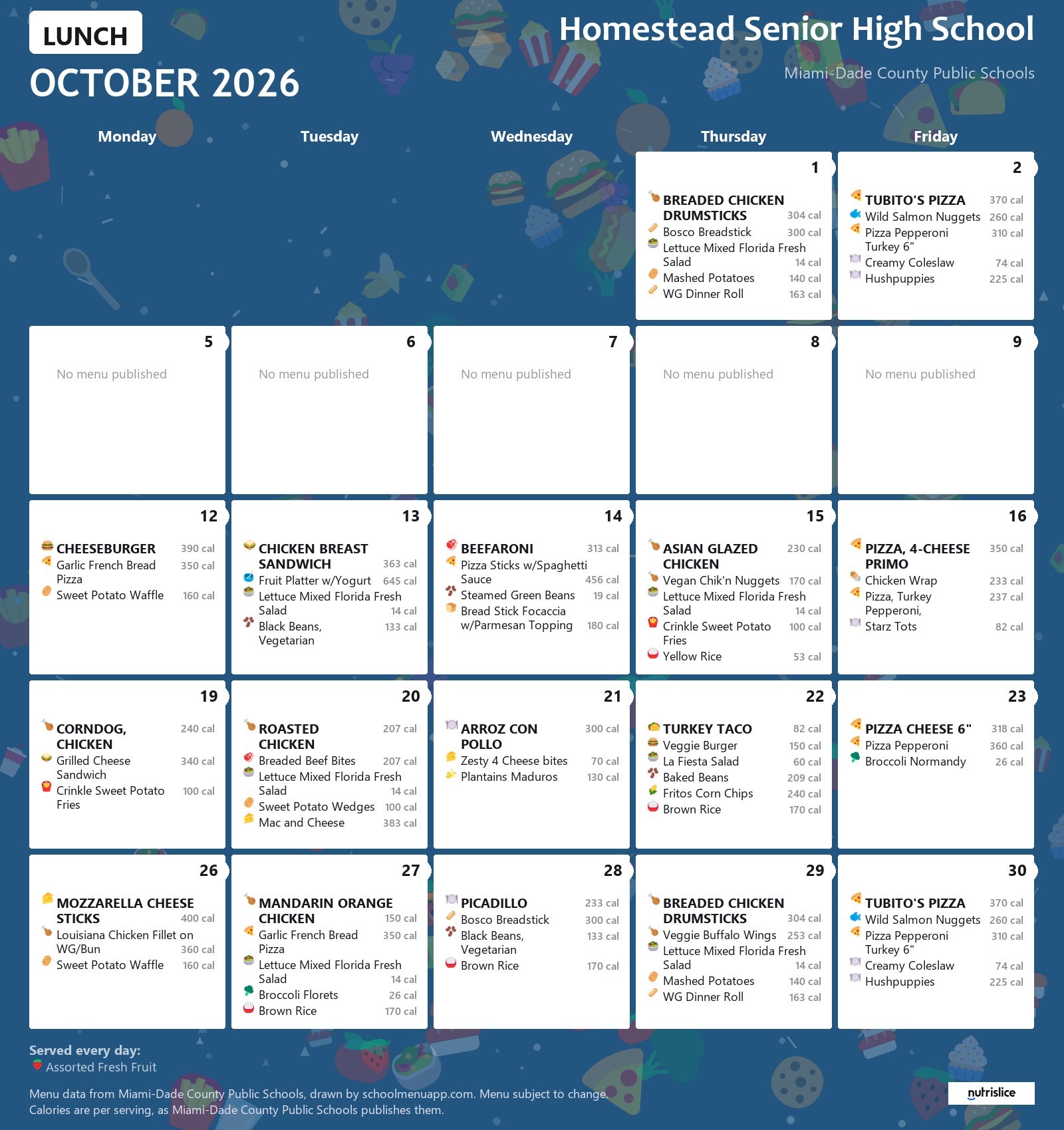 Homestead Senior High School lunch menu for October 2026 &mdash; Miami-Dade County Public Schools