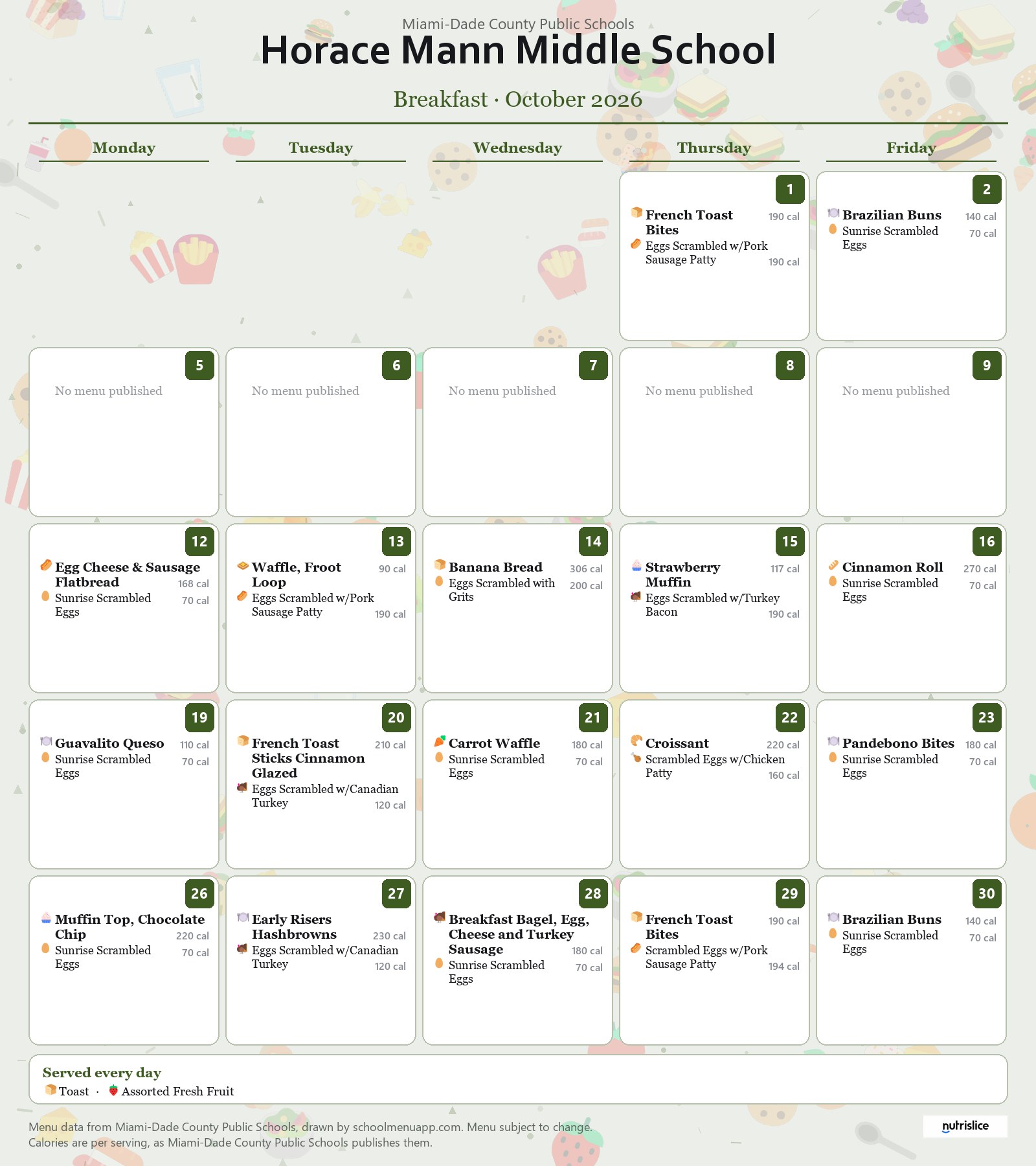 Horace Mann Middle School breakfast menu for October 2026 &mdash; Miami-Dade County Public Schools