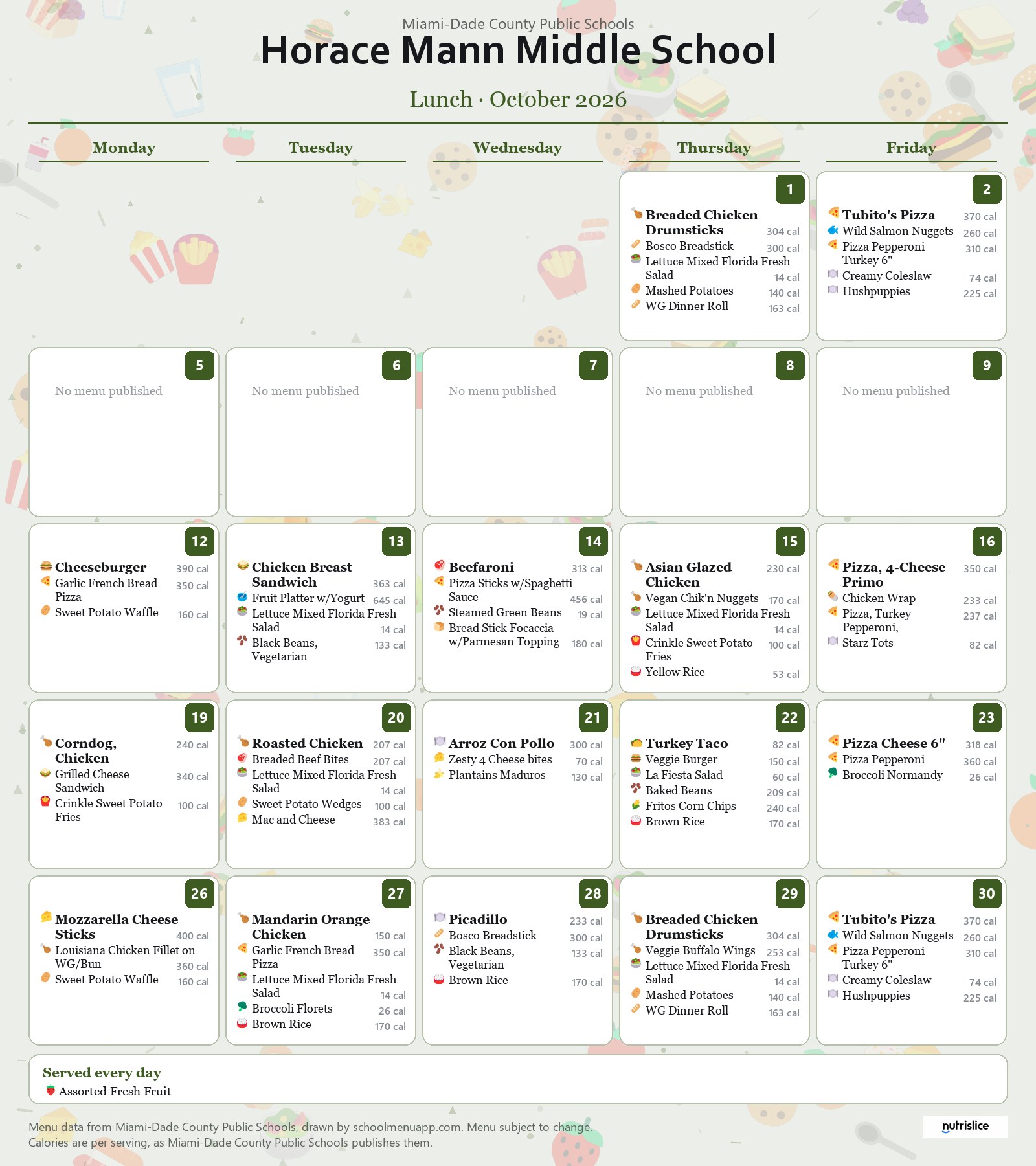 Horace Mann Middle School lunch menu for October 2026 &mdash; Miami-Dade County Public Schools