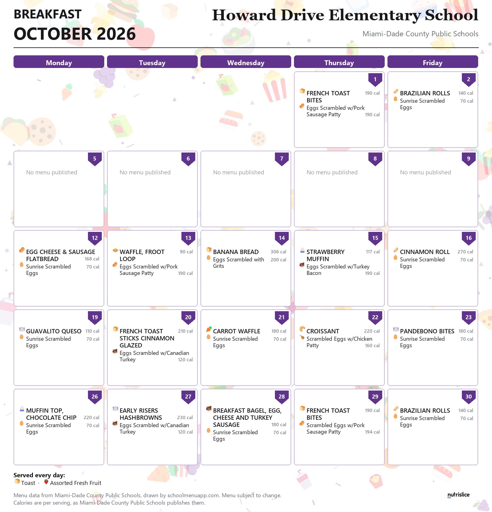 Howard Drive Elementary School breakfast menu for October 2026 &mdash; Miami-Dade County Public Schools