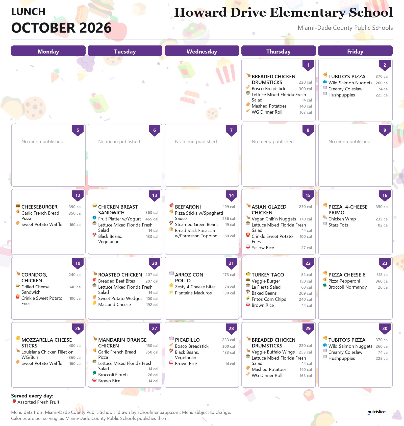 Howard Drive Elementary School lunch menu for October 2026 &mdash; Miami-Dade County Public Schools