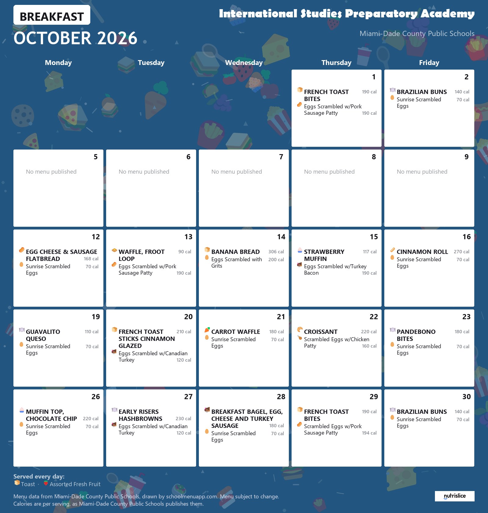 International Studies Preparatory Academy breakfast menu for October 2026 &mdash; Miami-Dade County Public Schools