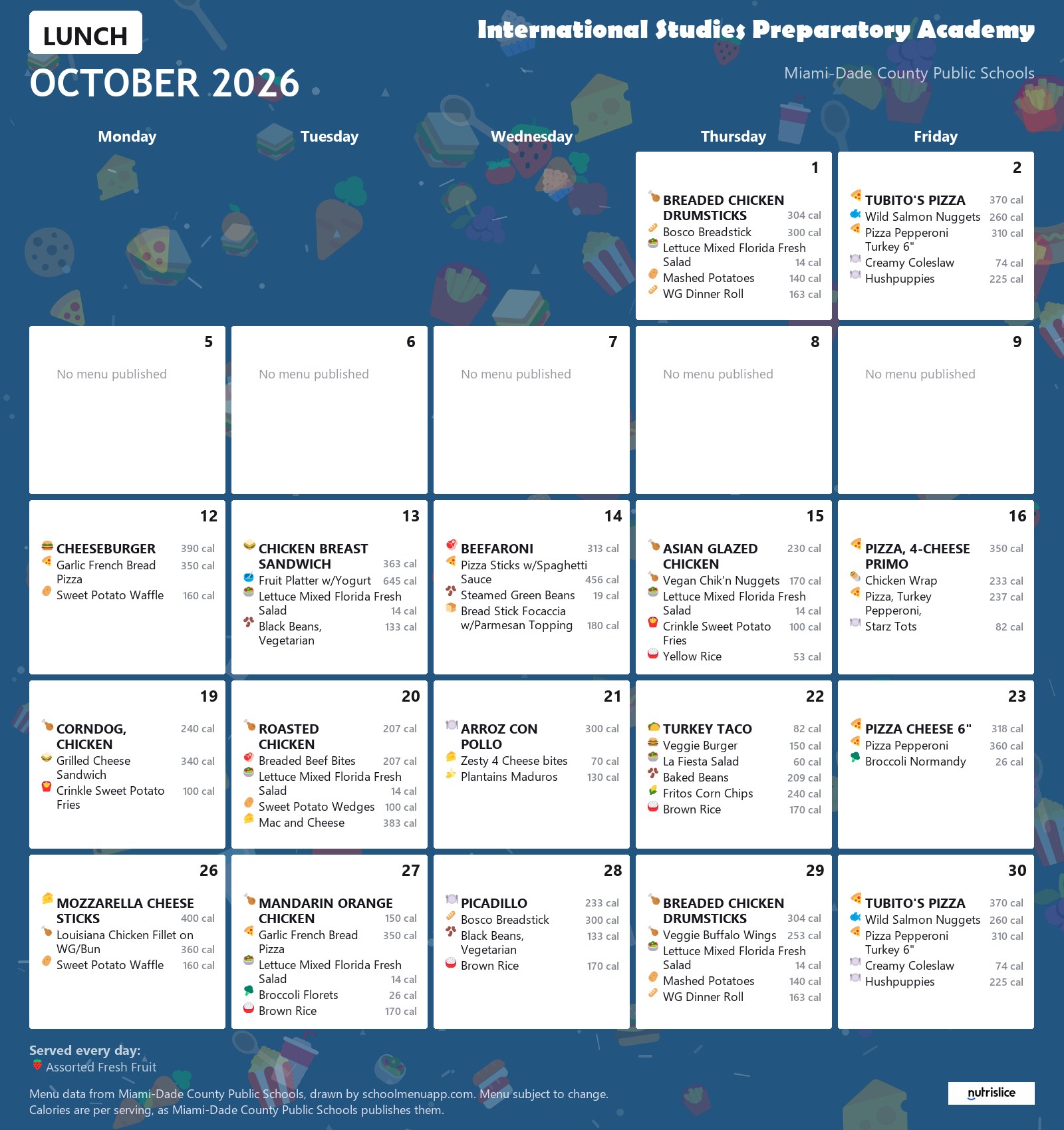 International Studies Preparatory Academy lunch menu for October 2026 &mdash; Miami-Dade County Public Schools