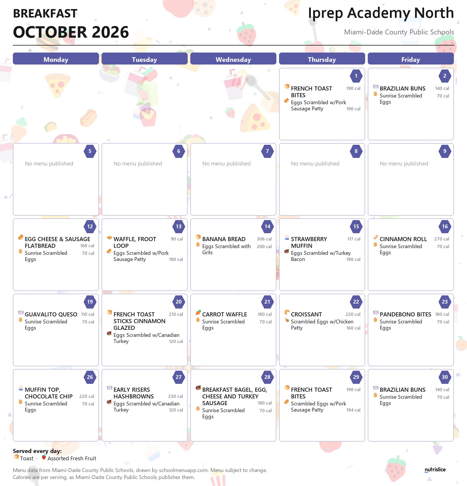Iprep Academy North breakfast menu for October 2026 &mdash; Miami-Dade County Public Schools