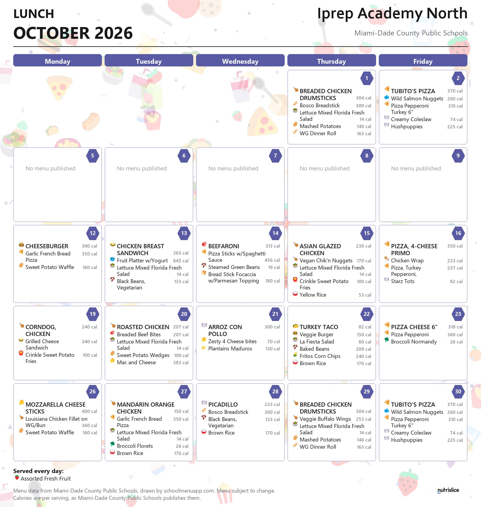 Iprep Academy North lunch menu for October 2026 &mdash; Miami-Dade County Public Schools