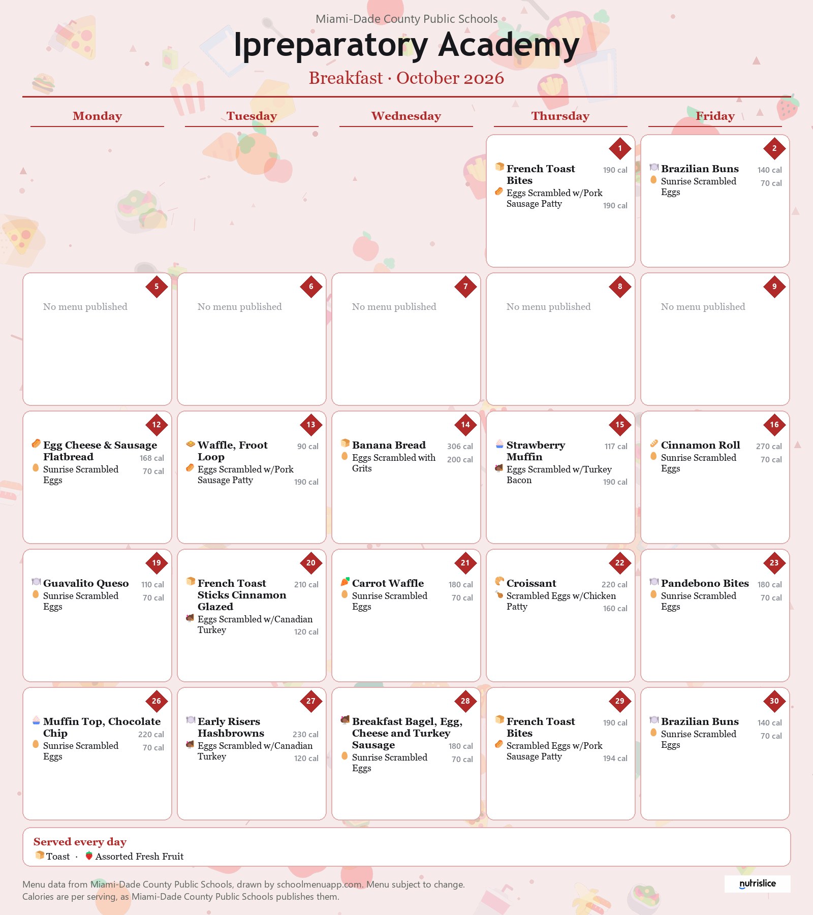 Ipreparatory Academy breakfast menu for October 2026 &mdash; Miami-Dade County Public Schools