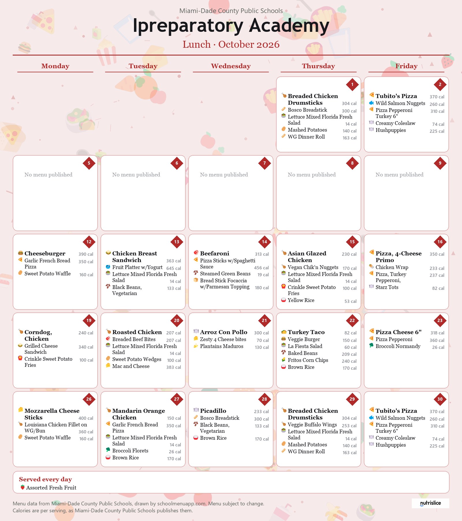 Ipreparatory Academy lunch menu for October 2026 &mdash; Miami-Dade County Public Schools
