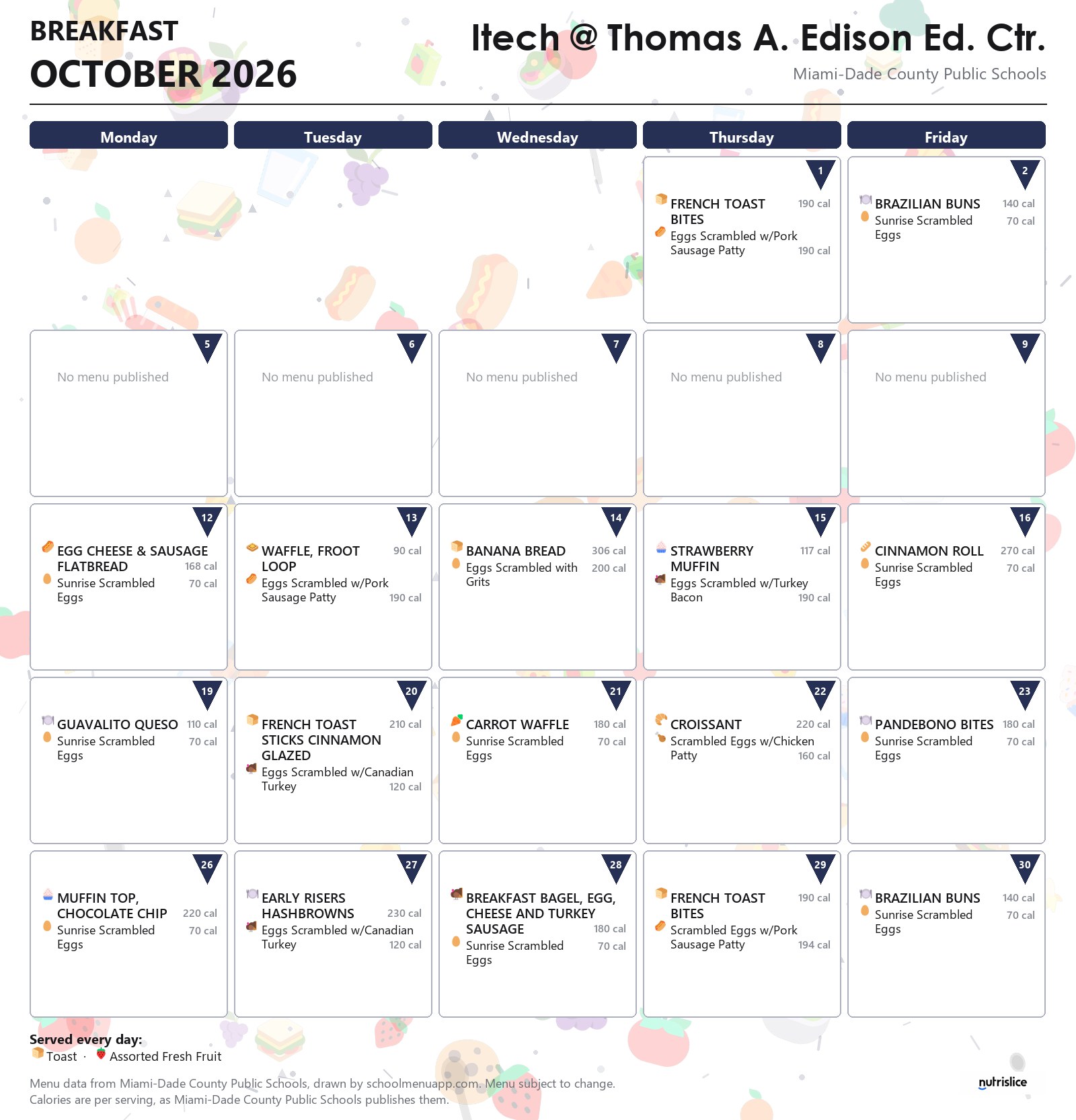 Itech @ Thomas A. Edison Ed. Ctr. breakfast menu for October 2026 &mdash; Miami-Dade County Public Schools