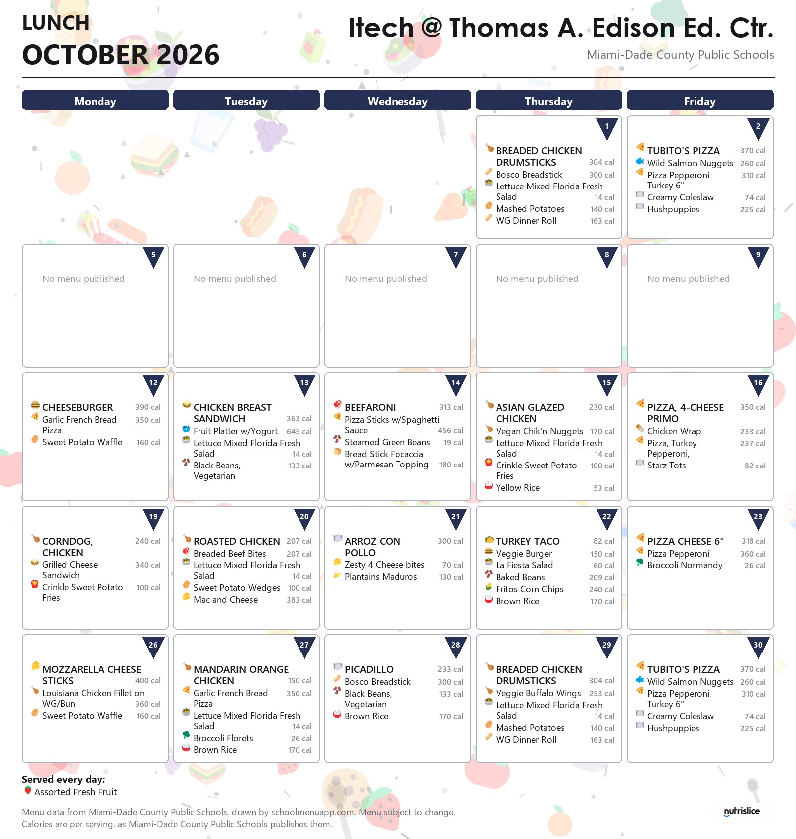 Itech @ Thomas A. Edison Ed. Ctr. lunch menu for October 2026 &mdash; Miami-Dade County Public Schools