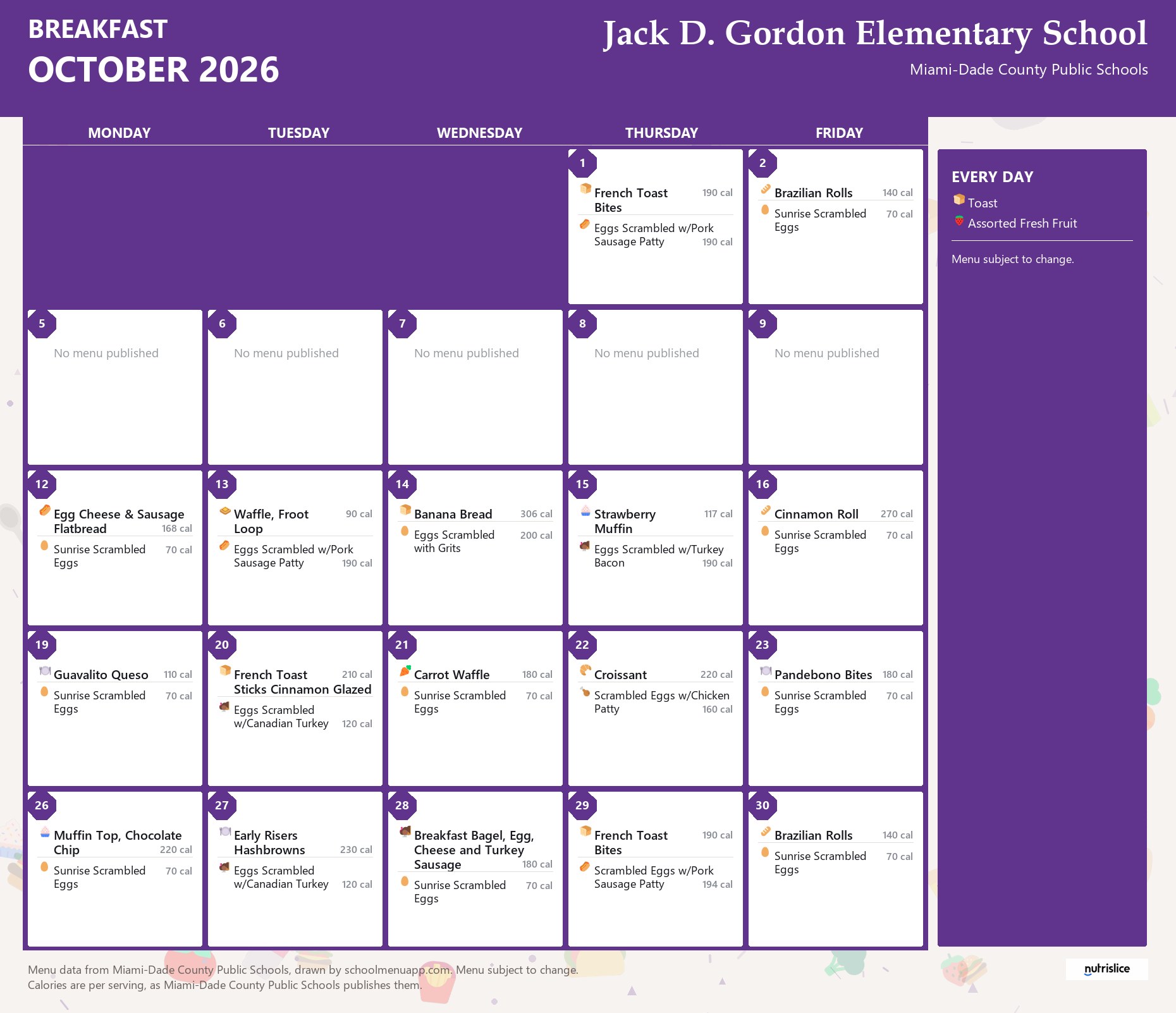 Jack D. Gordon Elementary School breakfast menu for October 2026 &mdash; Miami-Dade County Public Schools
