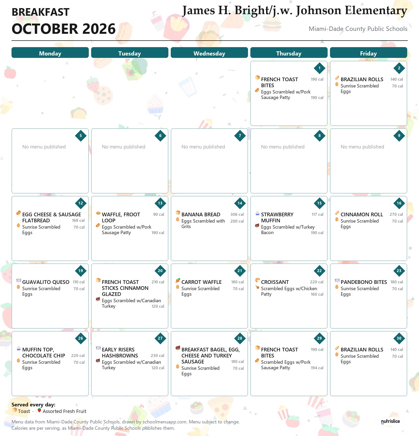 James H. Bright/j.w. Johnson Elementary breakfast menu for October 2026 &mdash; Miami-Dade County Public Schools