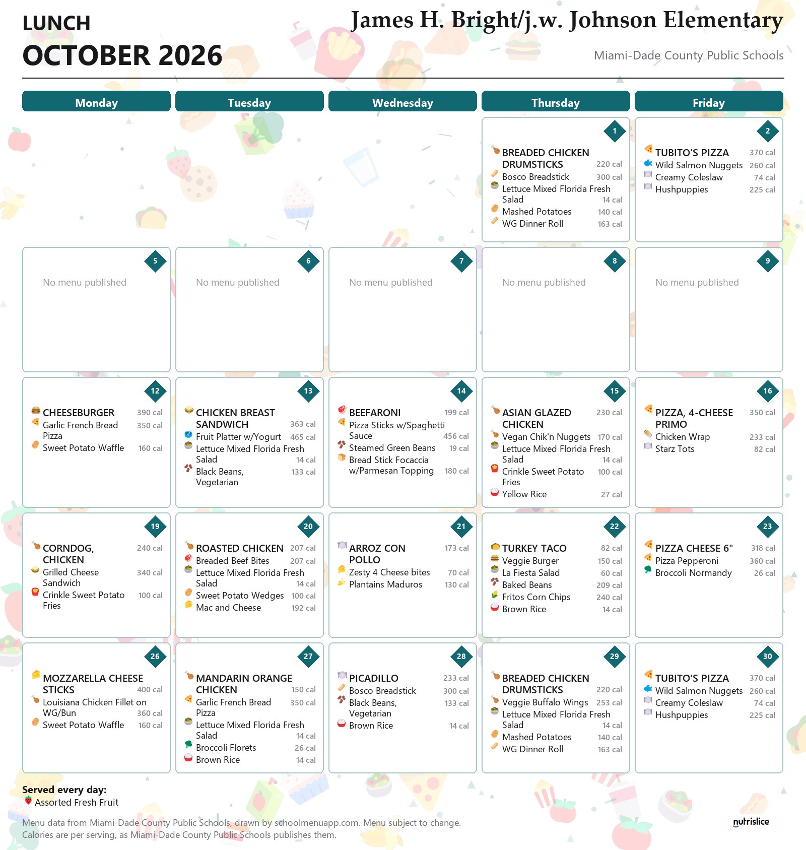 James H. Bright/j.w. Johnson Elementary lunch menu for October 2026 &mdash; Miami-Dade County Public Schools