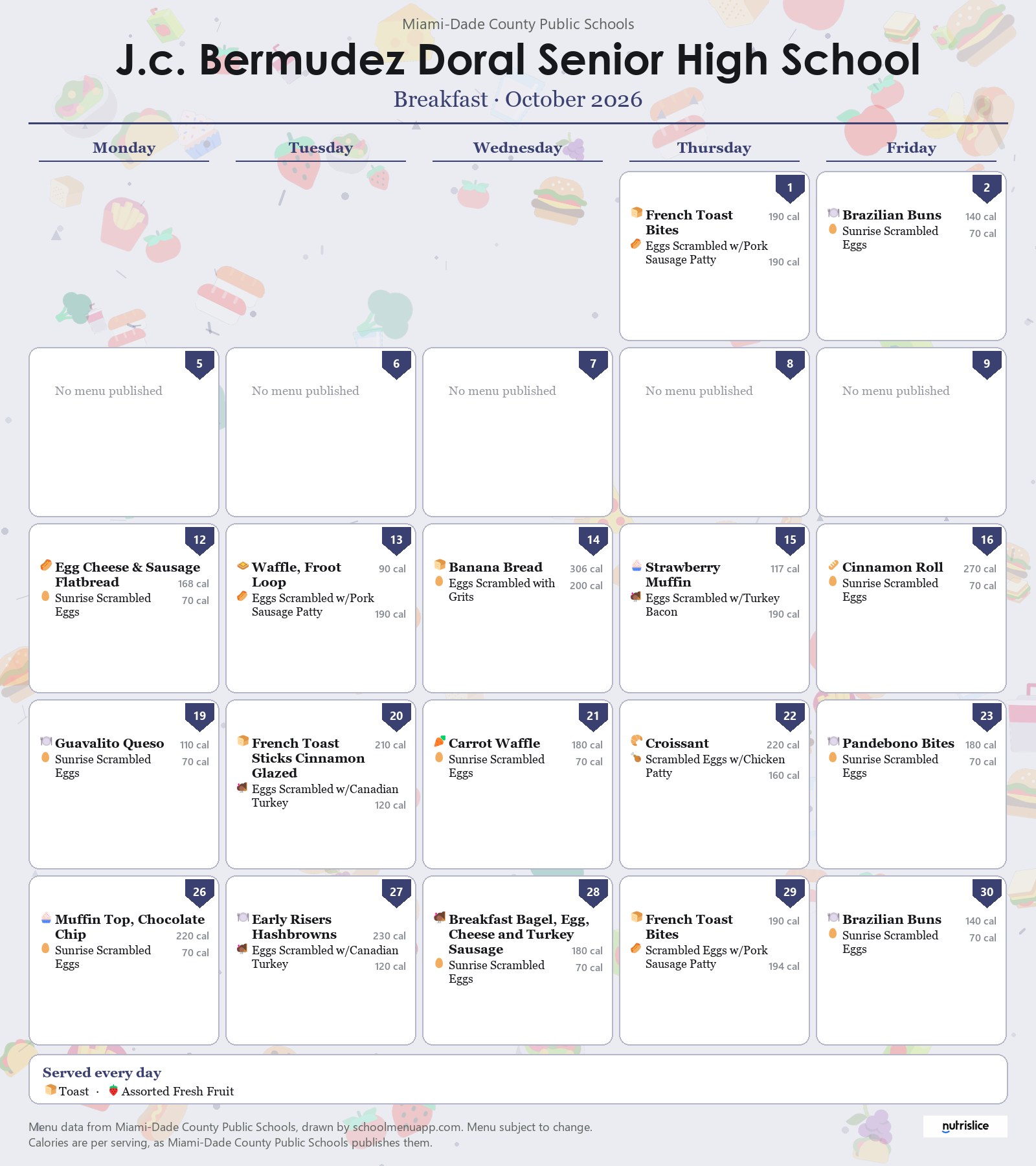 J.c. Bermudez Doral Senior High School breakfast menu for October 2026 &mdash; Miami-Dade County Public Schools