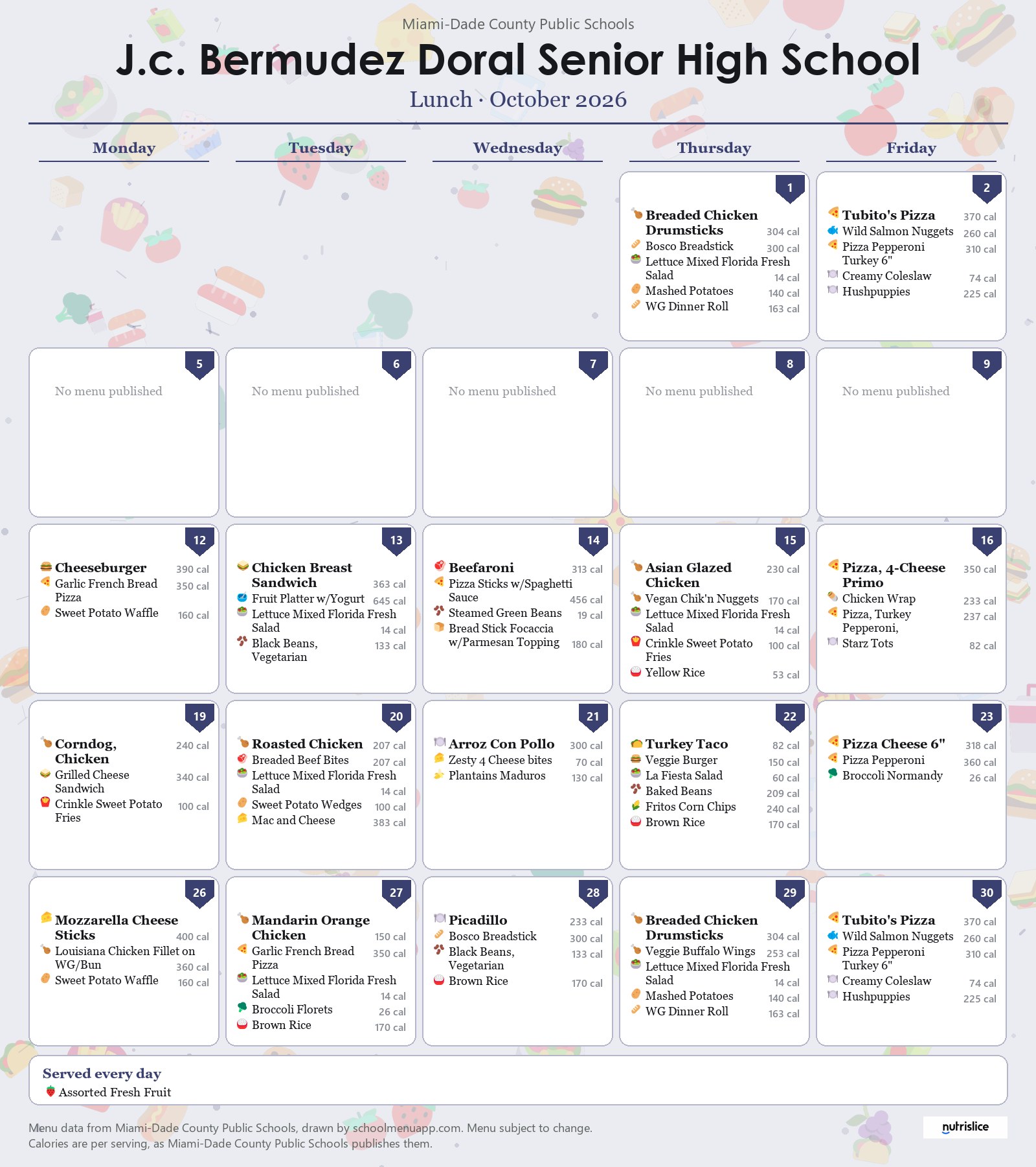 J.c. Bermudez Doral Senior High School lunch menu for October 2026 &mdash; Miami-Dade County Public Schools