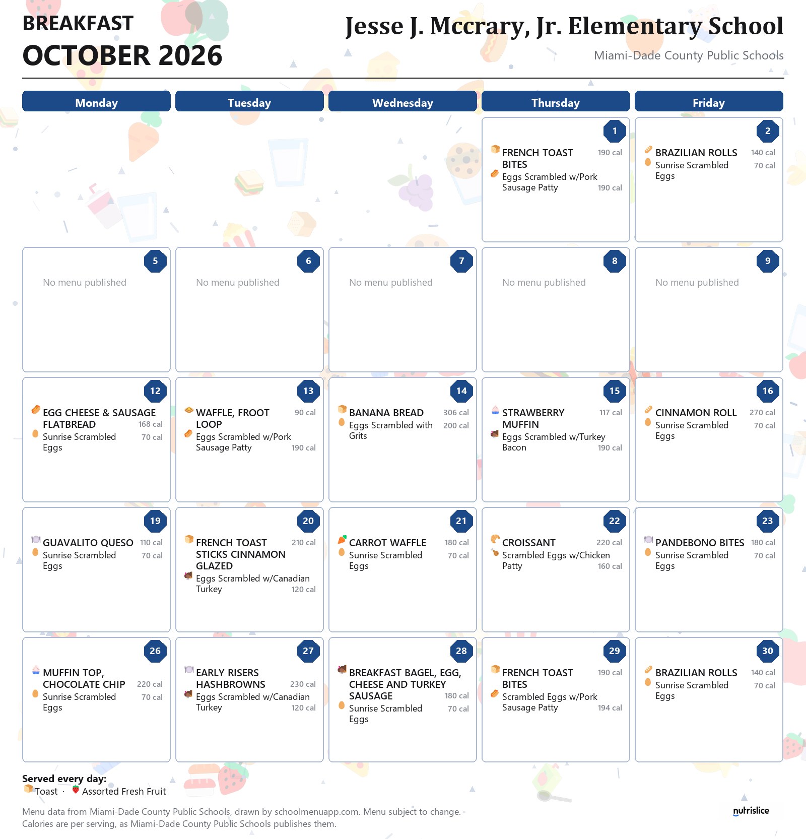 Jesse J. Mccrary, Jr. Elementary School breakfast menu for October 2026 &mdash; Miami-Dade County Public Schools