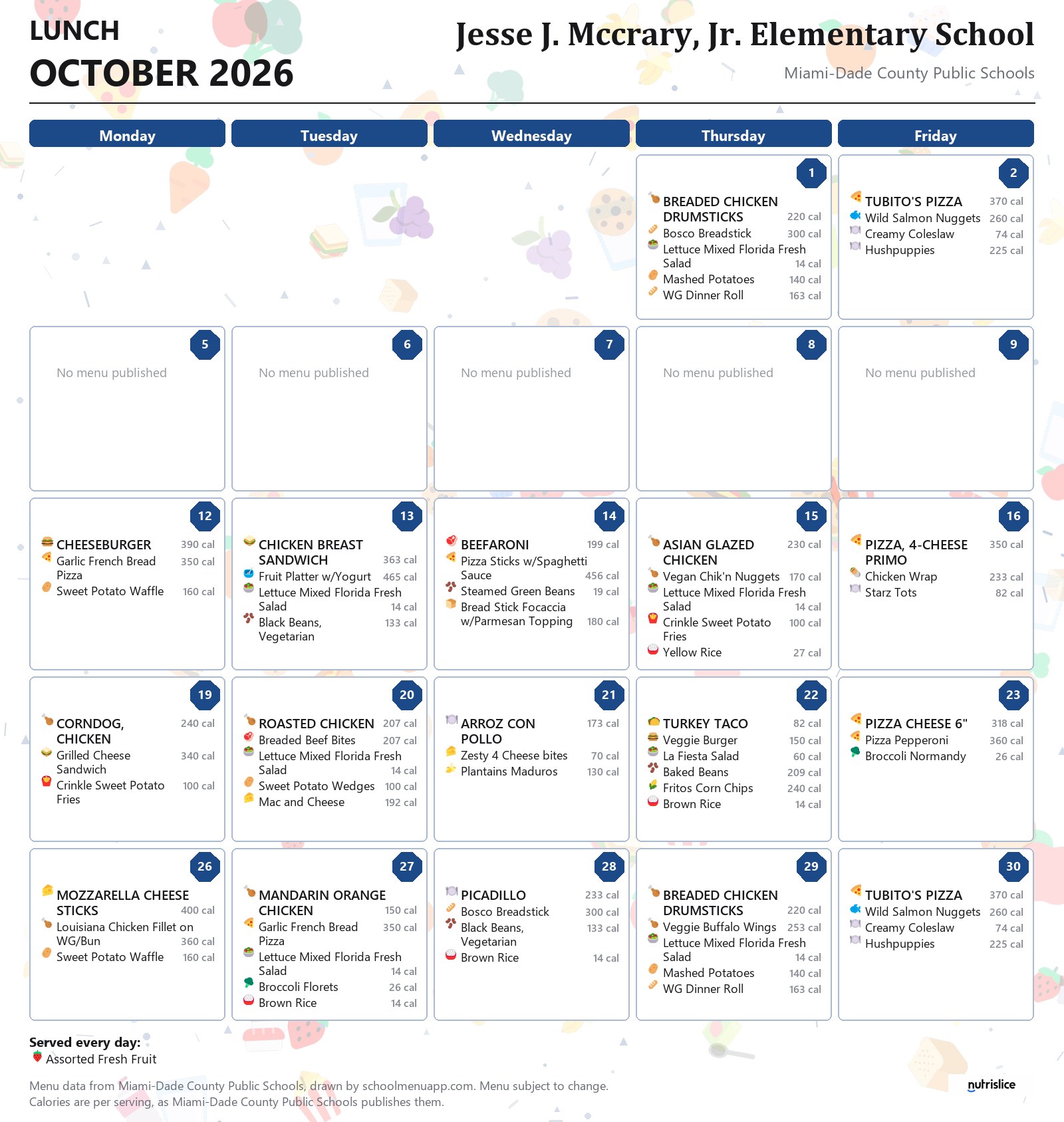 Jesse J. Mccrary, Jr. Elementary School lunch menu for October 2026 &mdash; Miami-Dade County Public Schools