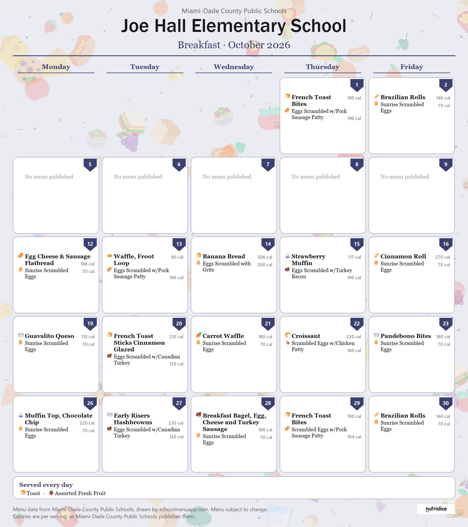 Joe Hall Elementary School breakfast menu for October 2026 &mdash; Miami-Dade County Public Schools