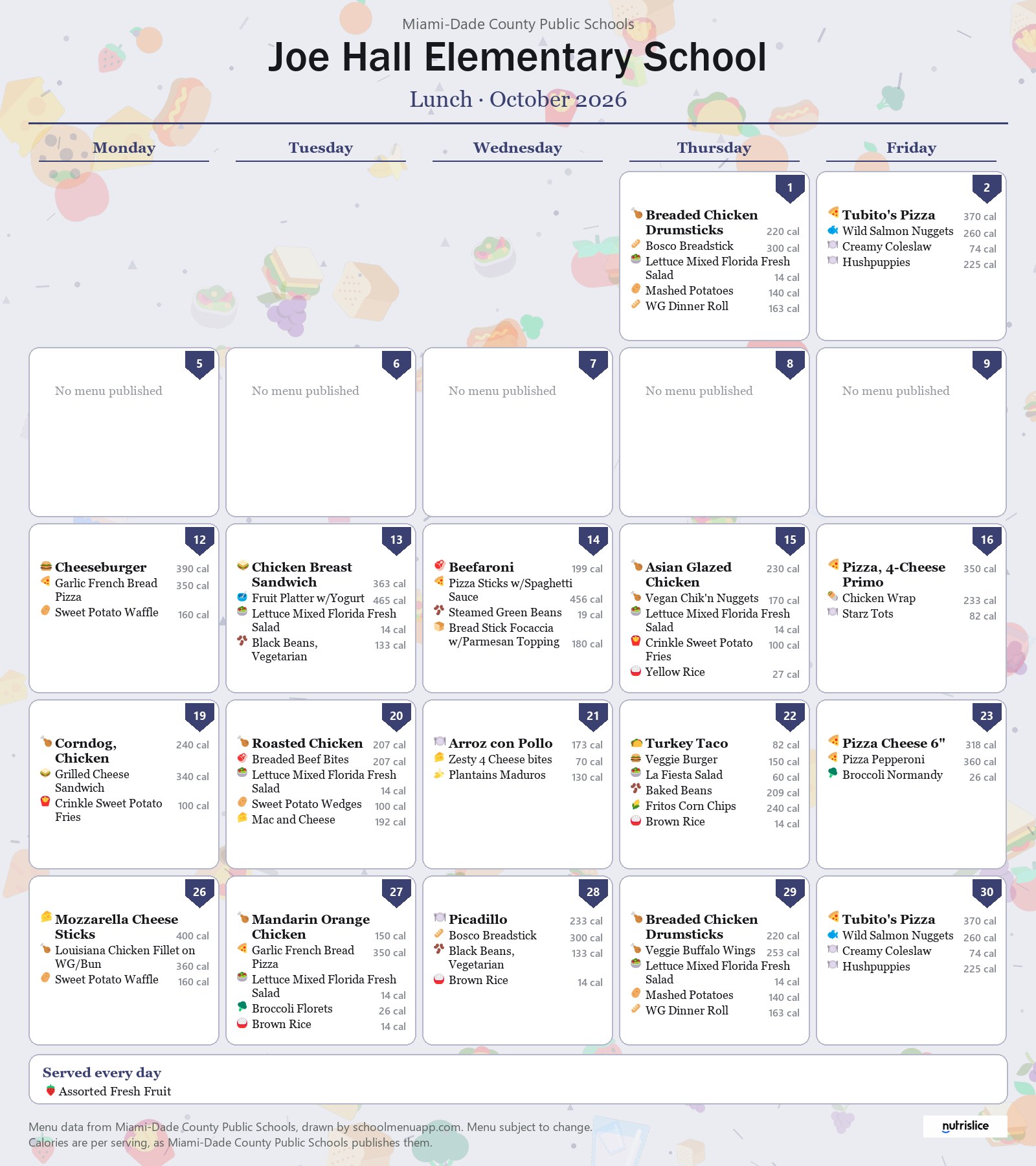 Joe Hall Elementary School lunch menu for October 2026 &mdash; Miami-Dade County Public Schools
