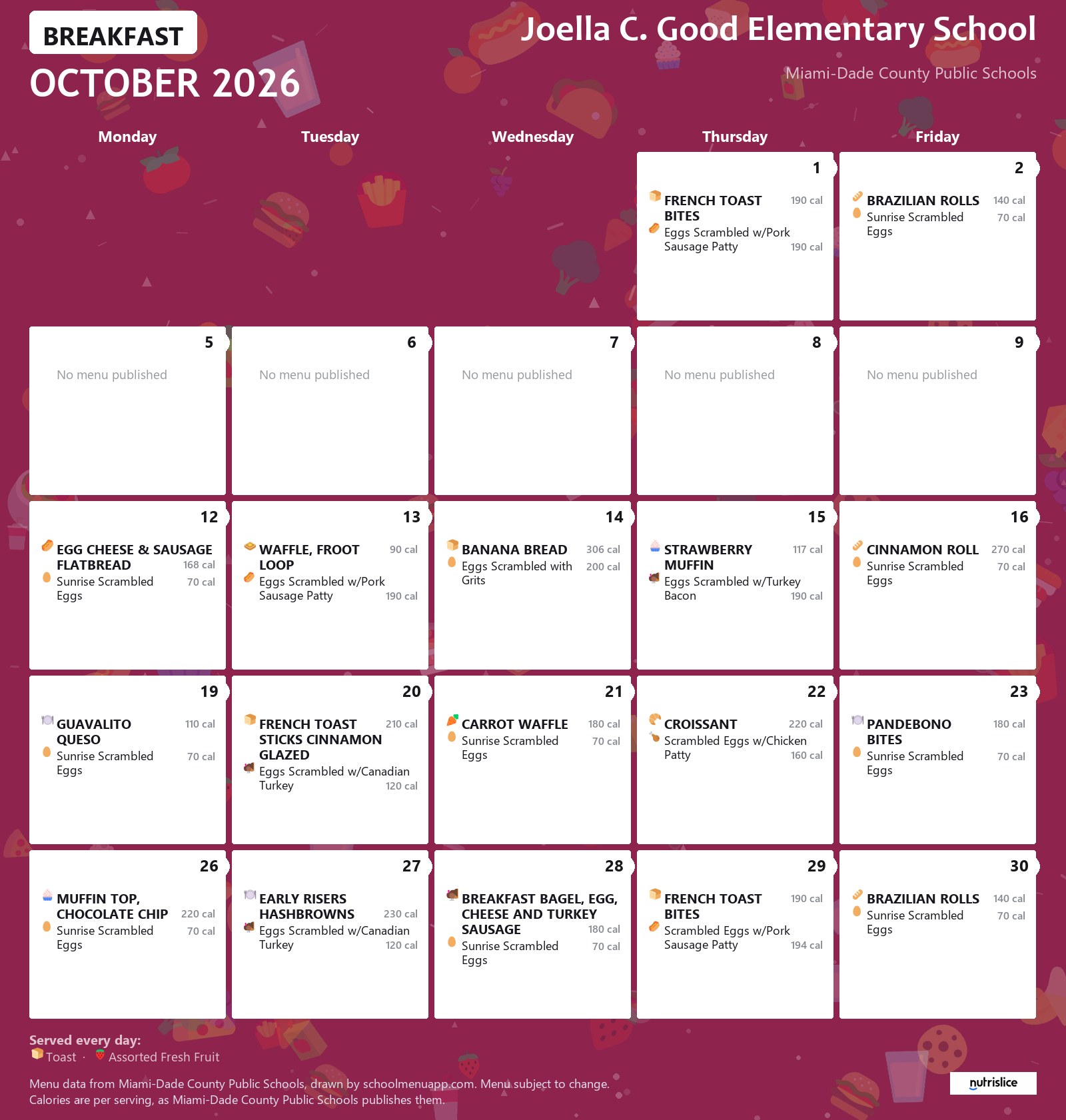 Joella C. Good Elementary School breakfast menu for October 2026 &mdash; Miami-Dade County Public Schools