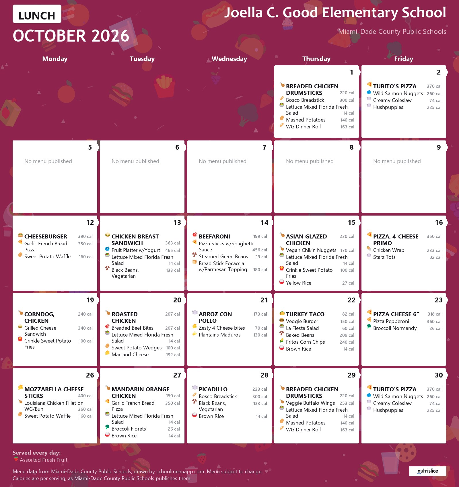Joella C. Good Elementary School lunch menu for October 2026 &mdash; Miami-Dade County Public Schools