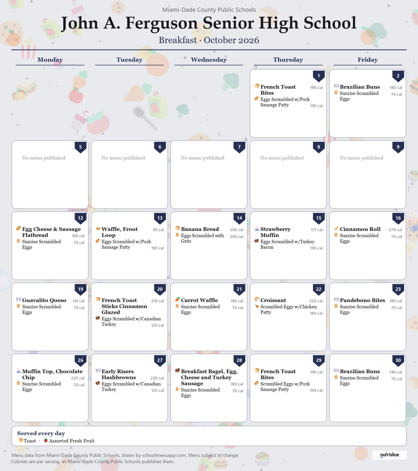 John A. Ferguson Senior High School breakfast menu for October 2026 &mdash; Miami-Dade County Public Schools