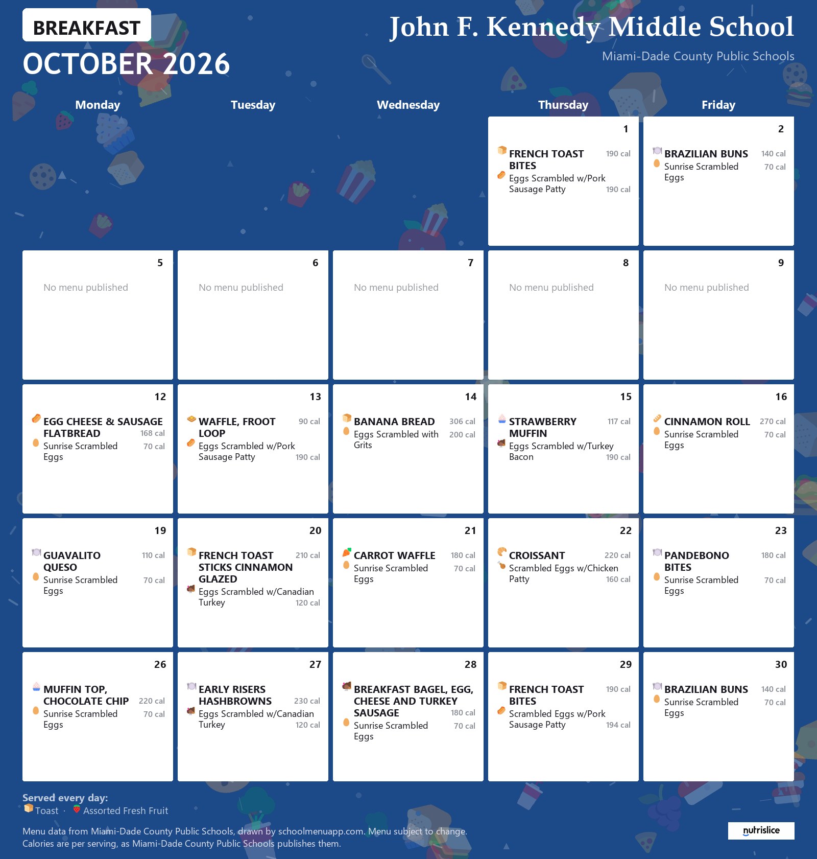 John F. Kennedy Middle School breakfast menu for October 2026 &mdash; Miami-Dade County Public Schools