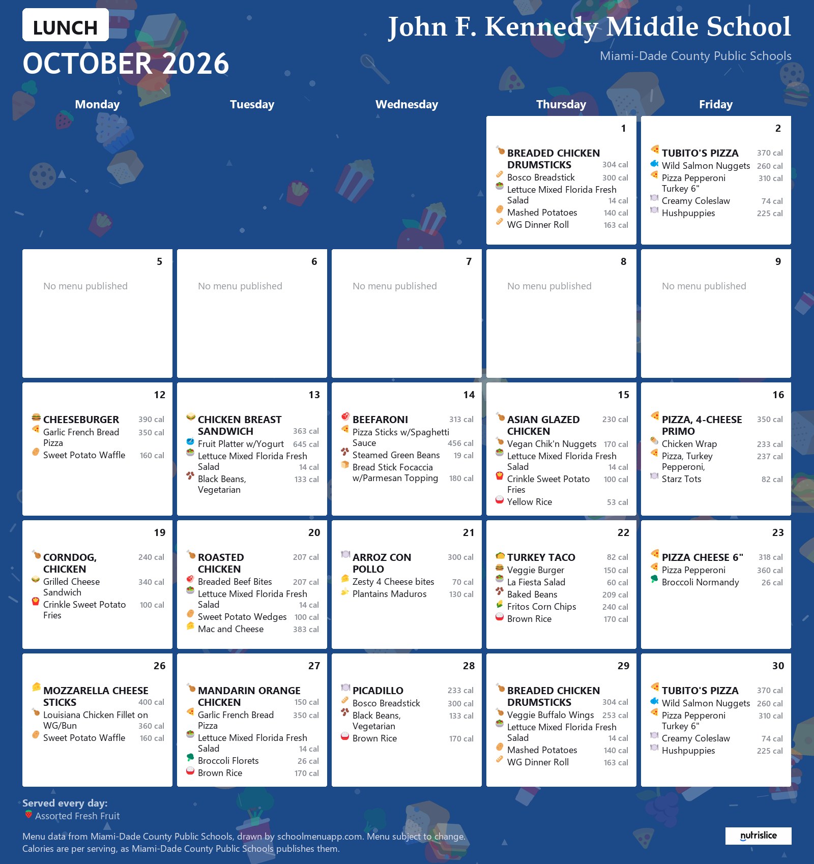 John F. Kennedy Middle School lunch menu for October 2026 &mdash; Miami-Dade County Public Schools