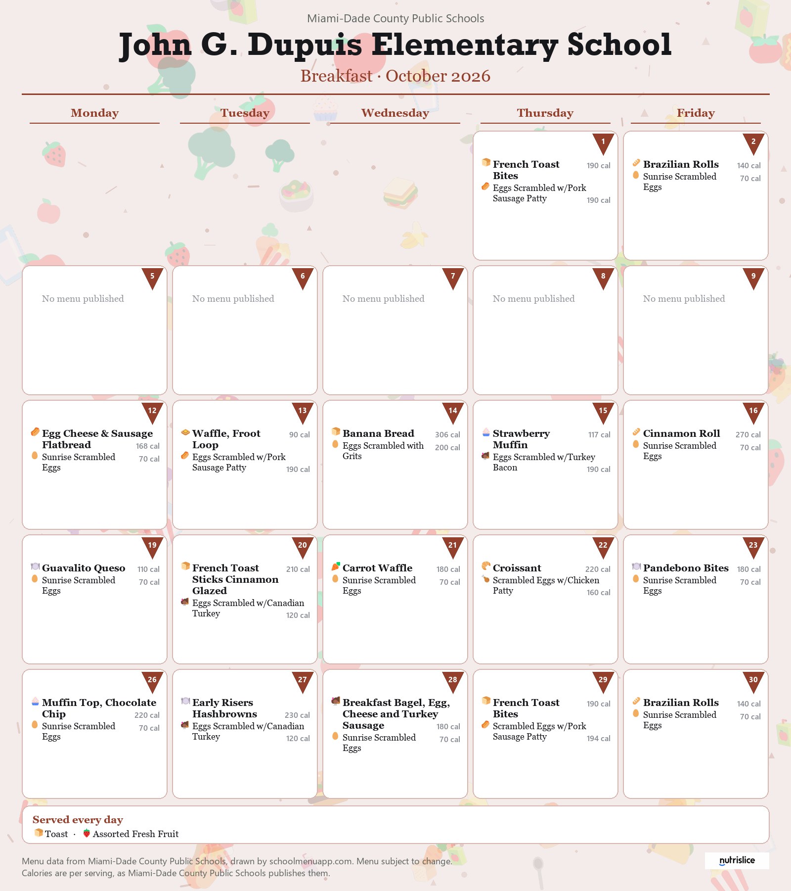 John G. Dupuis Elementary School breakfast menu for October 2026 &mdash; Miami-Dade County Public Schools