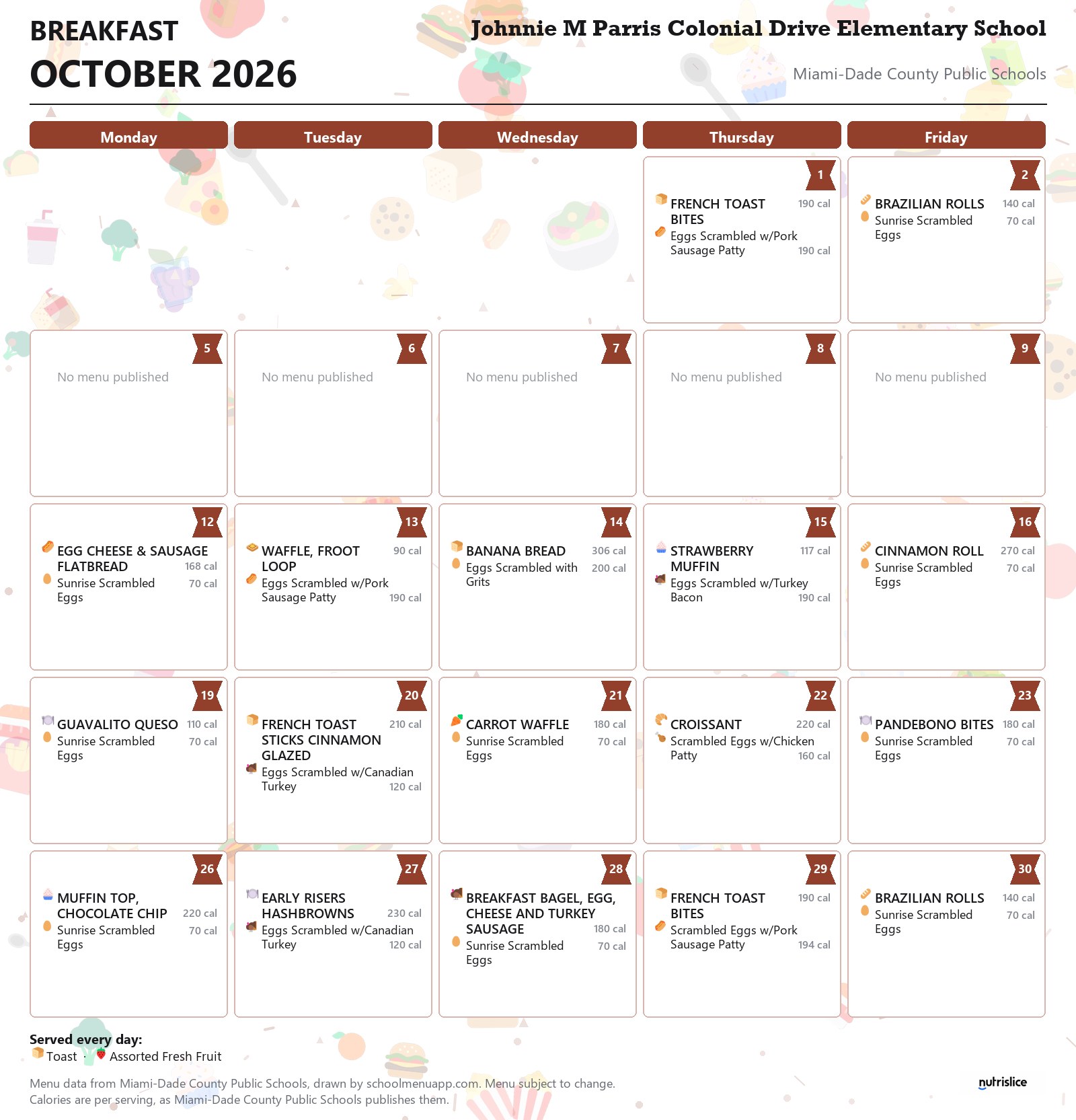 Johnnie M Parris Colonial Drive Elementary School breakfast menu for October 2026 &mdash; Miami-Dade County Public Schools