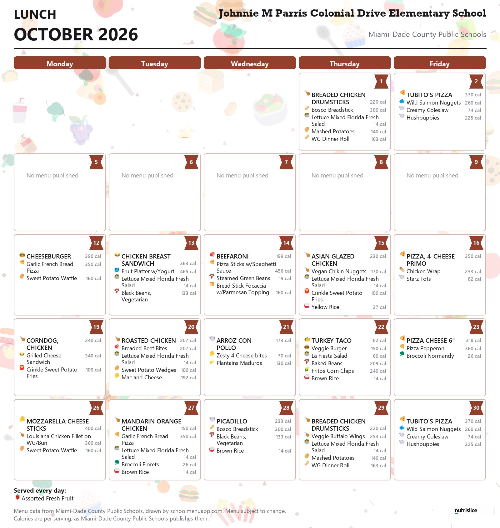 Johnnie M Parris Colonial Drive Elementary School lunch menu for October 2026 &mdash; Miami-Dade County Public Schools