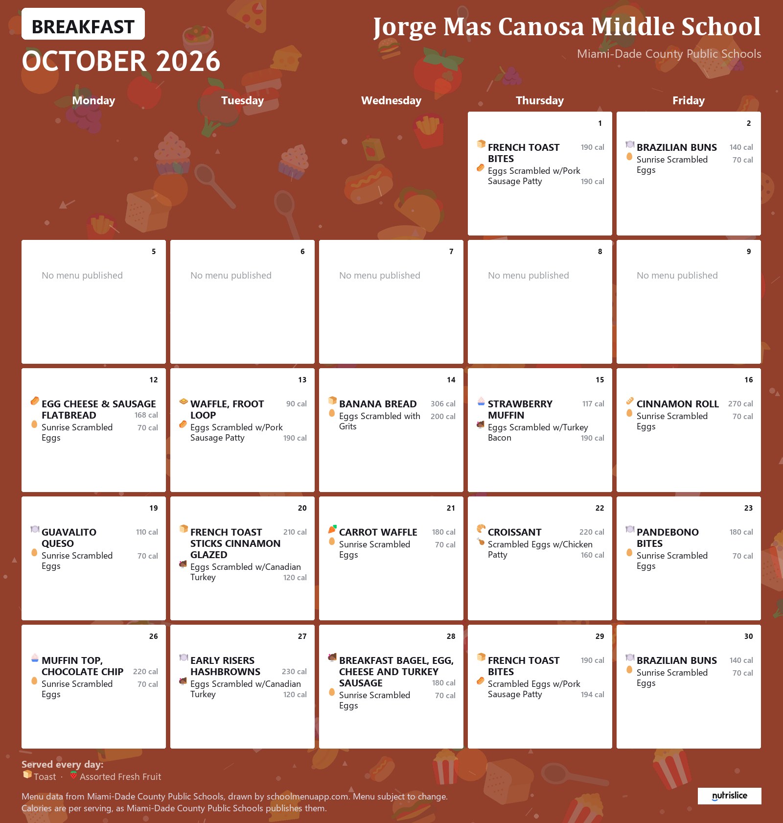 Jorge Mas Canosa Middle School breakfast menu for October 2026 &mdash; Miami-Dade County Public Schools