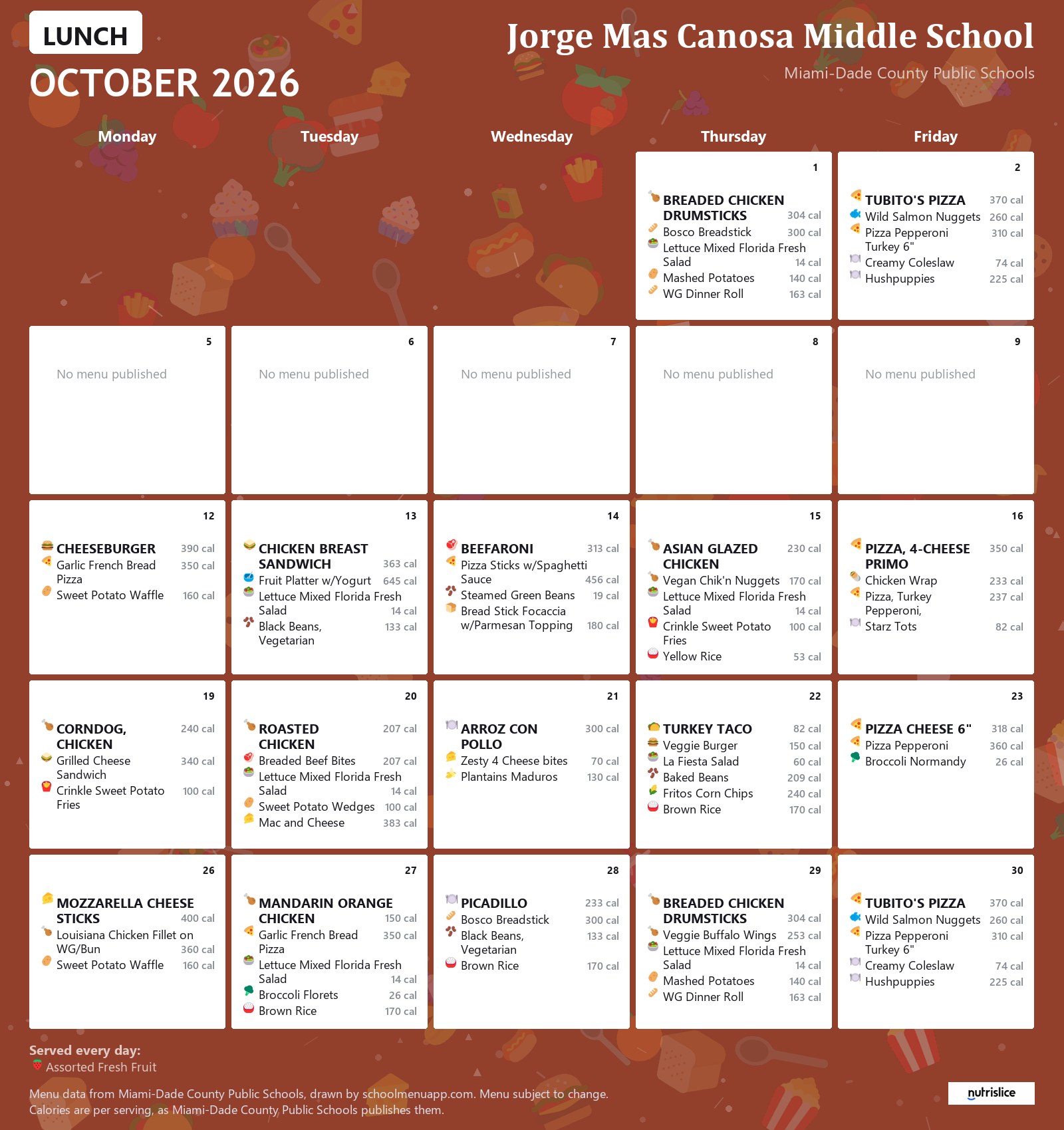 Jorge Mas Canosa Middle School lunch menu for October 2026 &mdash; Miami-Dade County Public Schools
