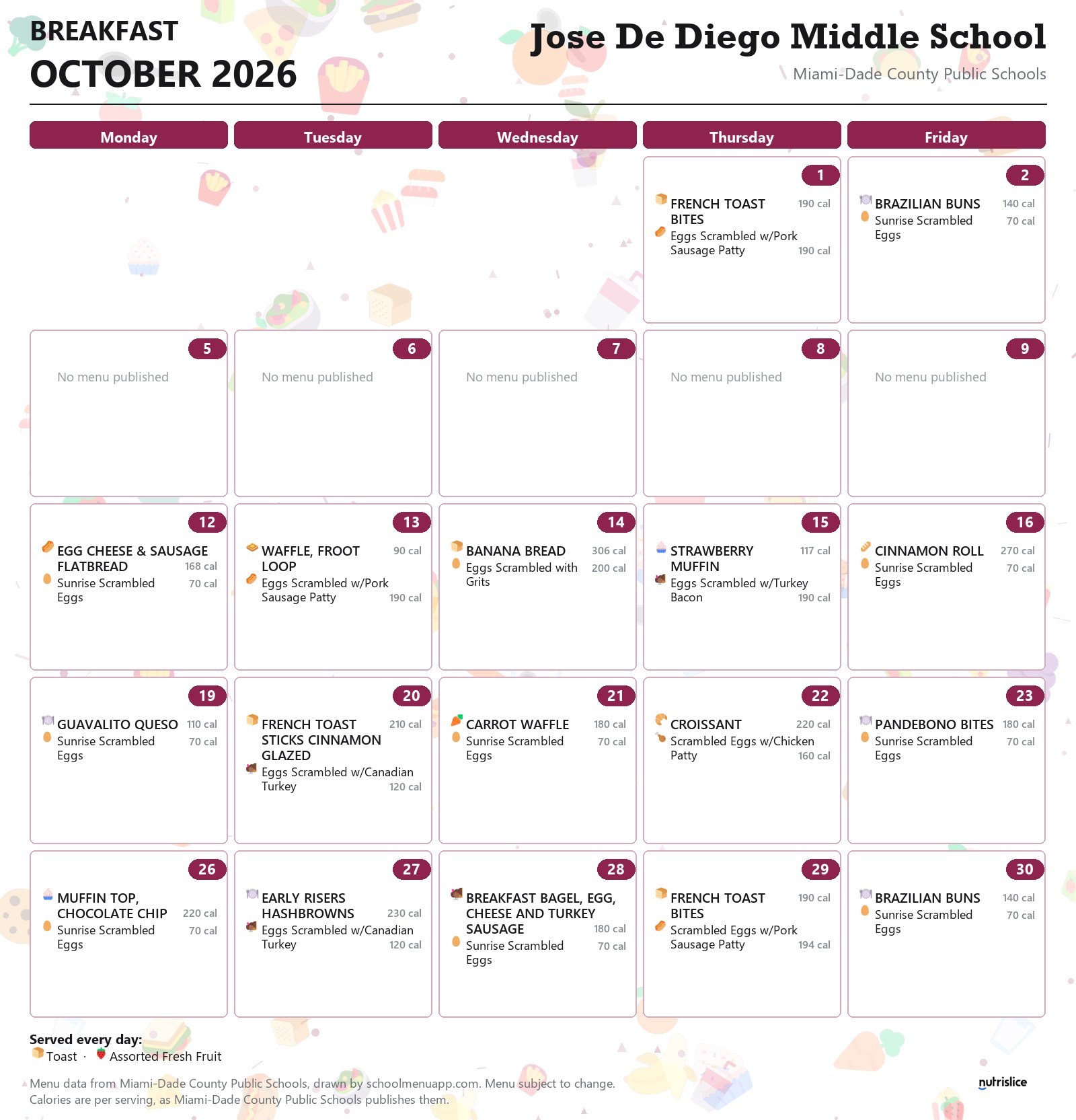 Jose De Diego Middle School breakfast menu for October 2026 &mdash; Miami-Dade County Public Schools