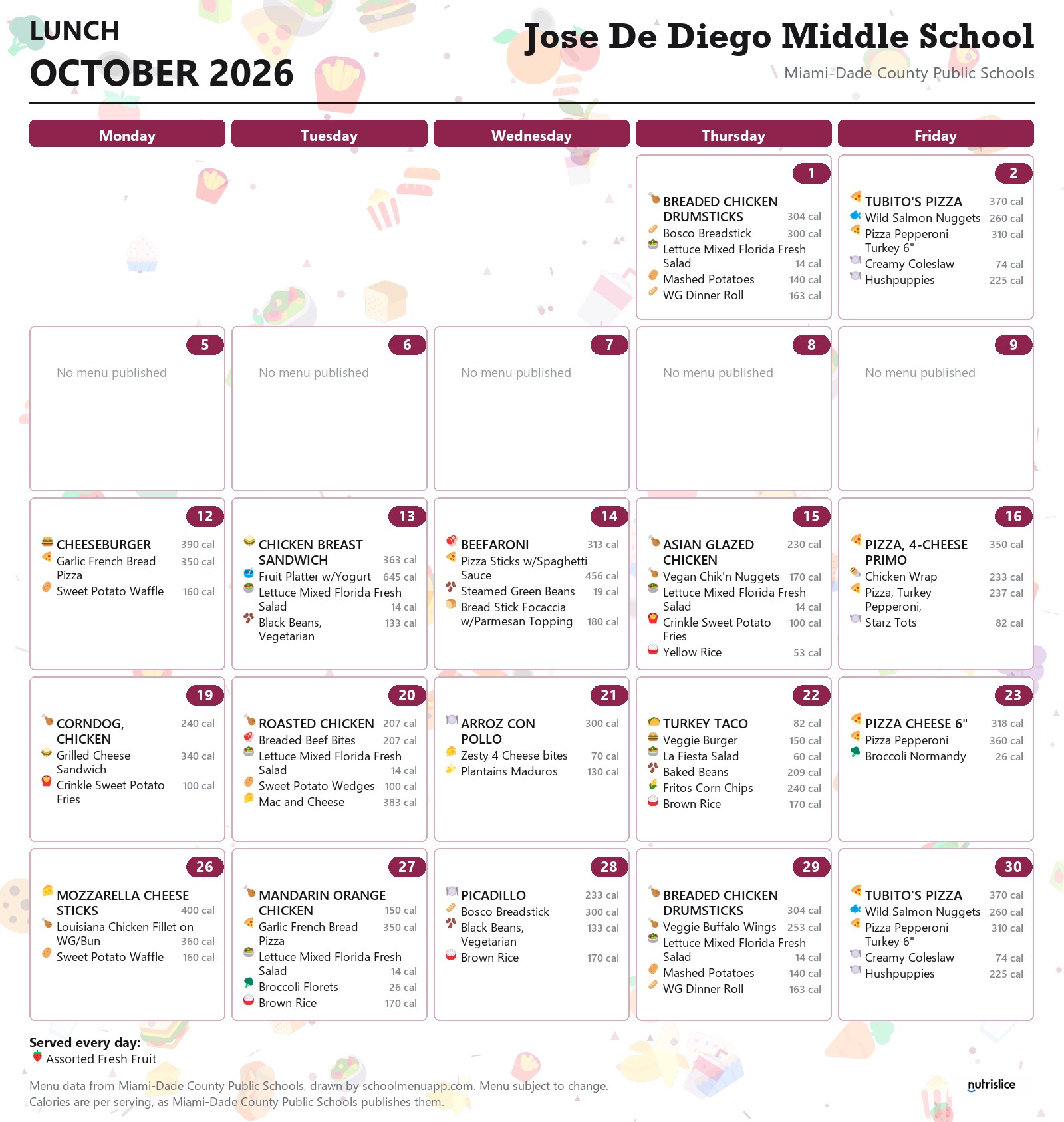 Jose De Diego Middle School lunch menu for October 2026 &mdash; Miami-Dade County Public Schools