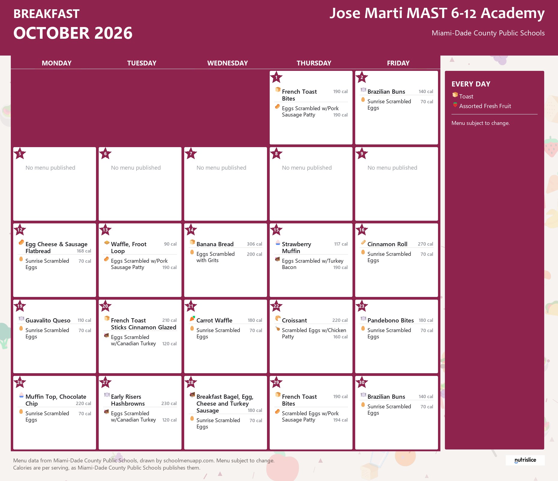 Jose Marti MAST 6-12 Academy breakfast menu for October 2026 &mdash; Miami-Dade County Public Schools