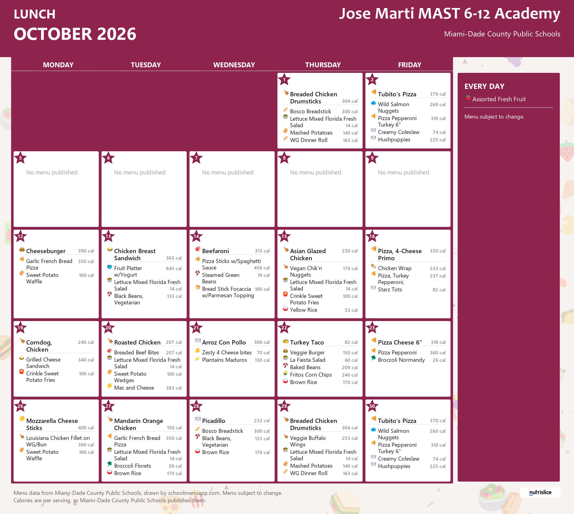 Jose Marti MAST 6-12 Academy lunch menu for October 2026 &mdash; Miami-Dade County Public Schools