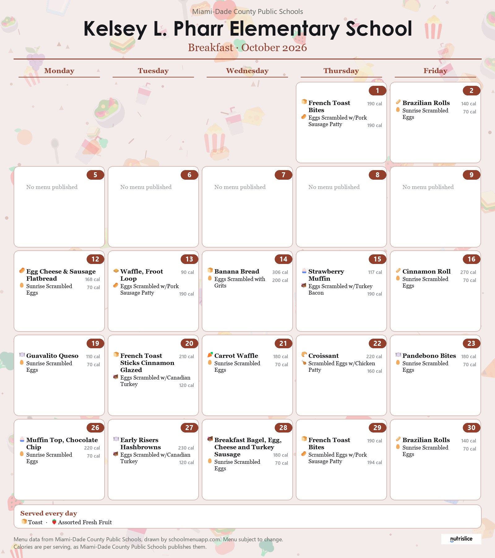 Kelsey L. Pharr Elementary School breakfast menu for October 2026 &mdash; Miami-Dade County Public Schools