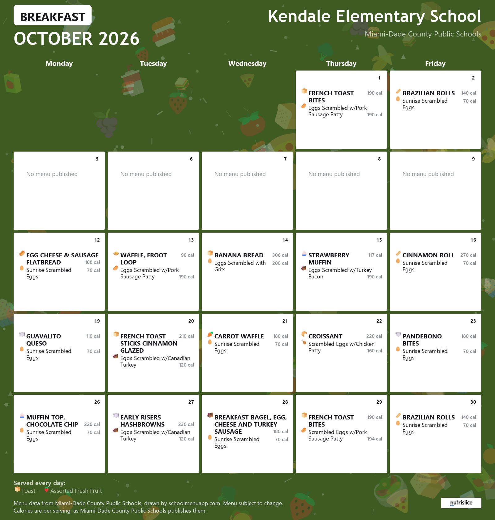 Kendale Elementary School breakfast menu for October 2026 &mdash; Miami-Dade County Public Schools