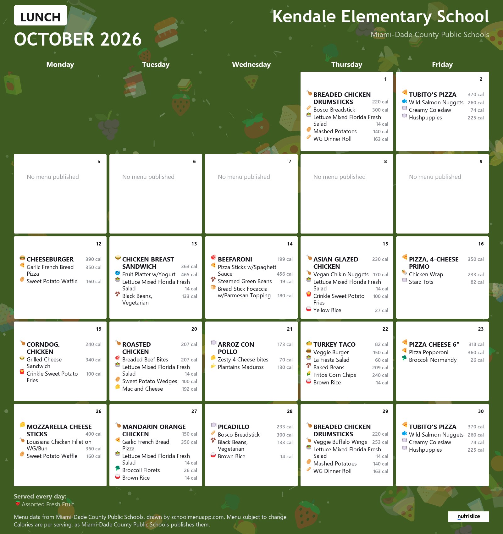 Kendale Elementary School lunch menu for October 2026 &mdash; Miami-Dade County Public Schools