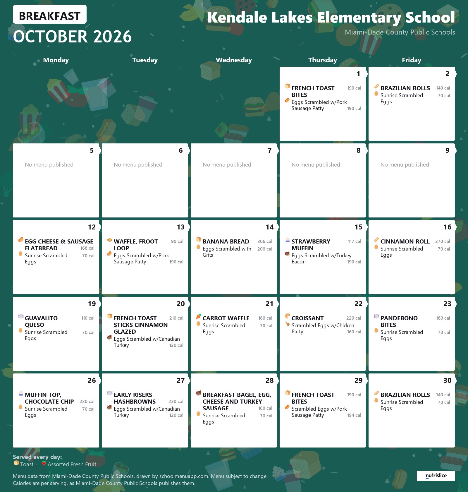Kendale Lakes Elementary School breakfast menu for October 2026 &mdash; Miami-Dade County Public Schools