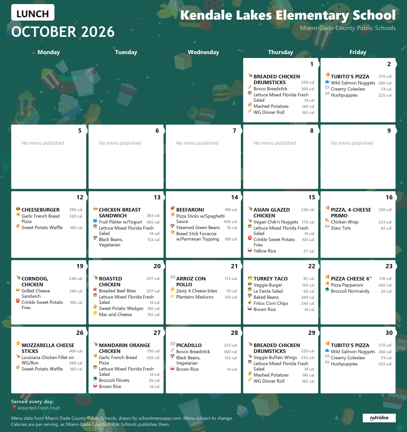 Kendale Lakes Elementary School lunch menu for October 2026 &mdash; Miami-Dade County Public Schools