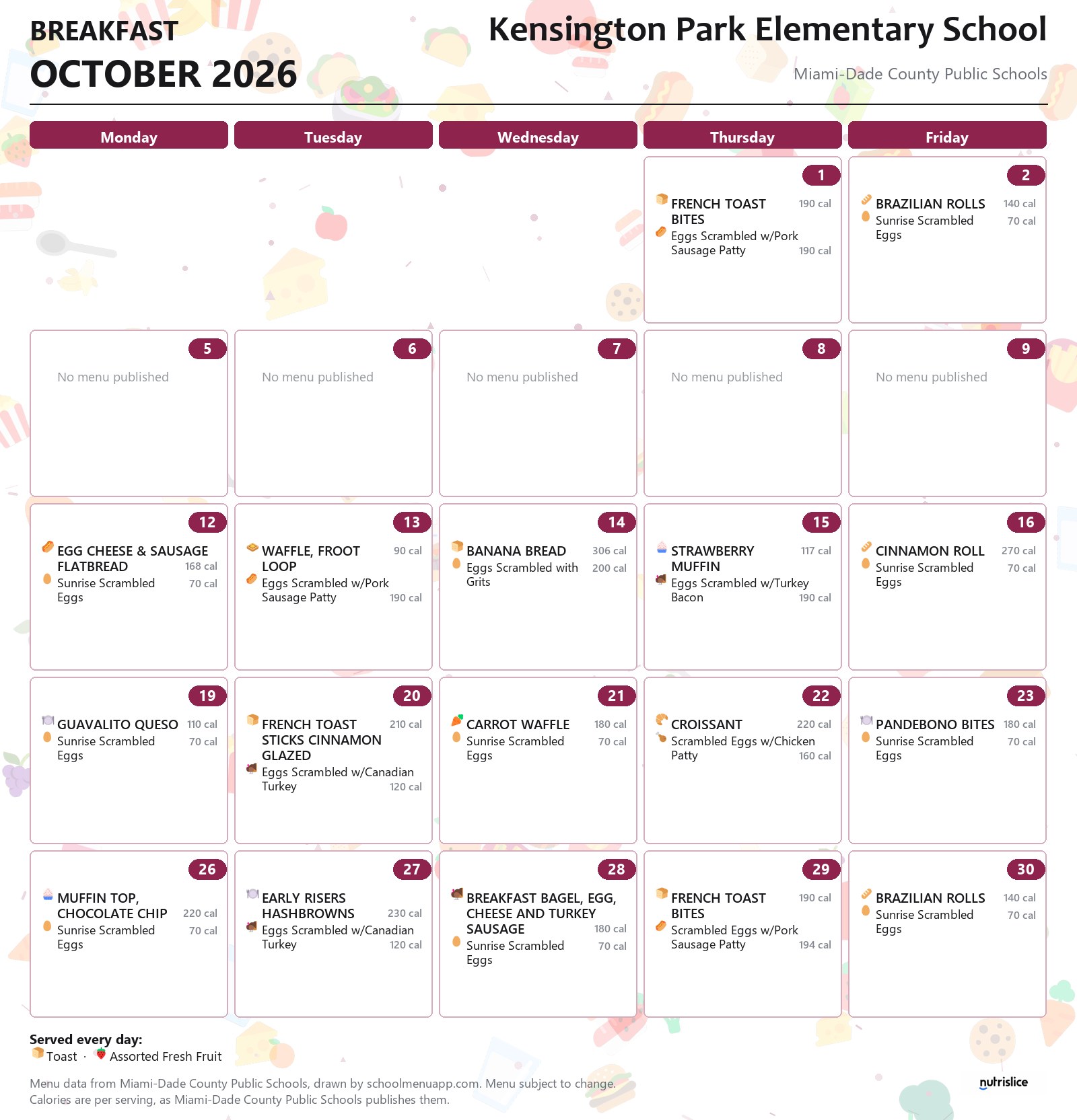 Kensington Park Elementary School breakfast menu for October 2026 &mdash; Miami-Dade County Public Schools
