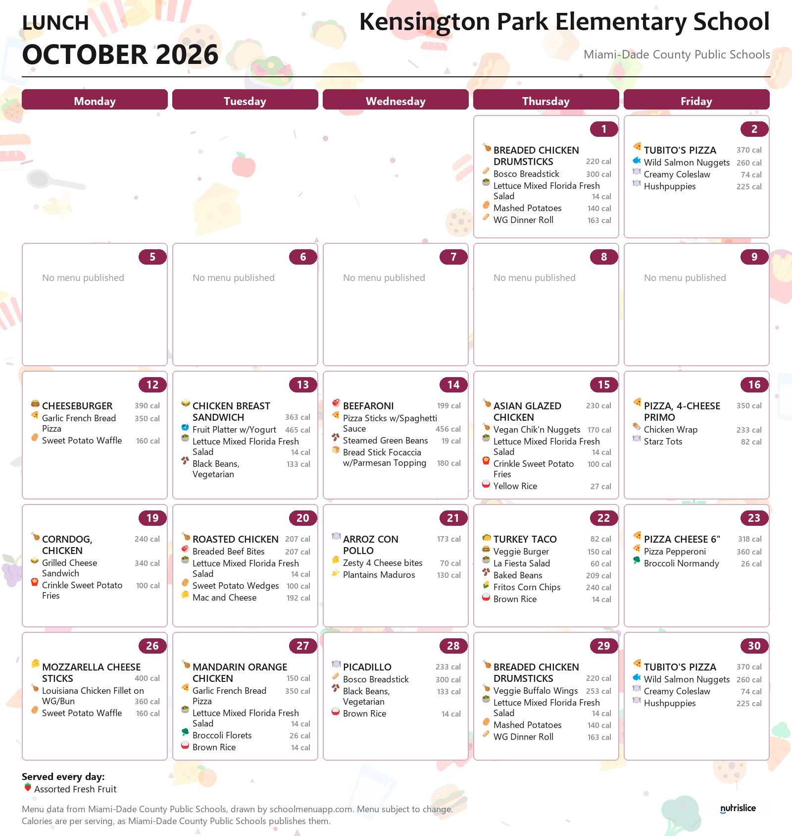 Kensington Park Elementary School lunch menu for October 2026 &mdash; Miami-Dade County Public Schools