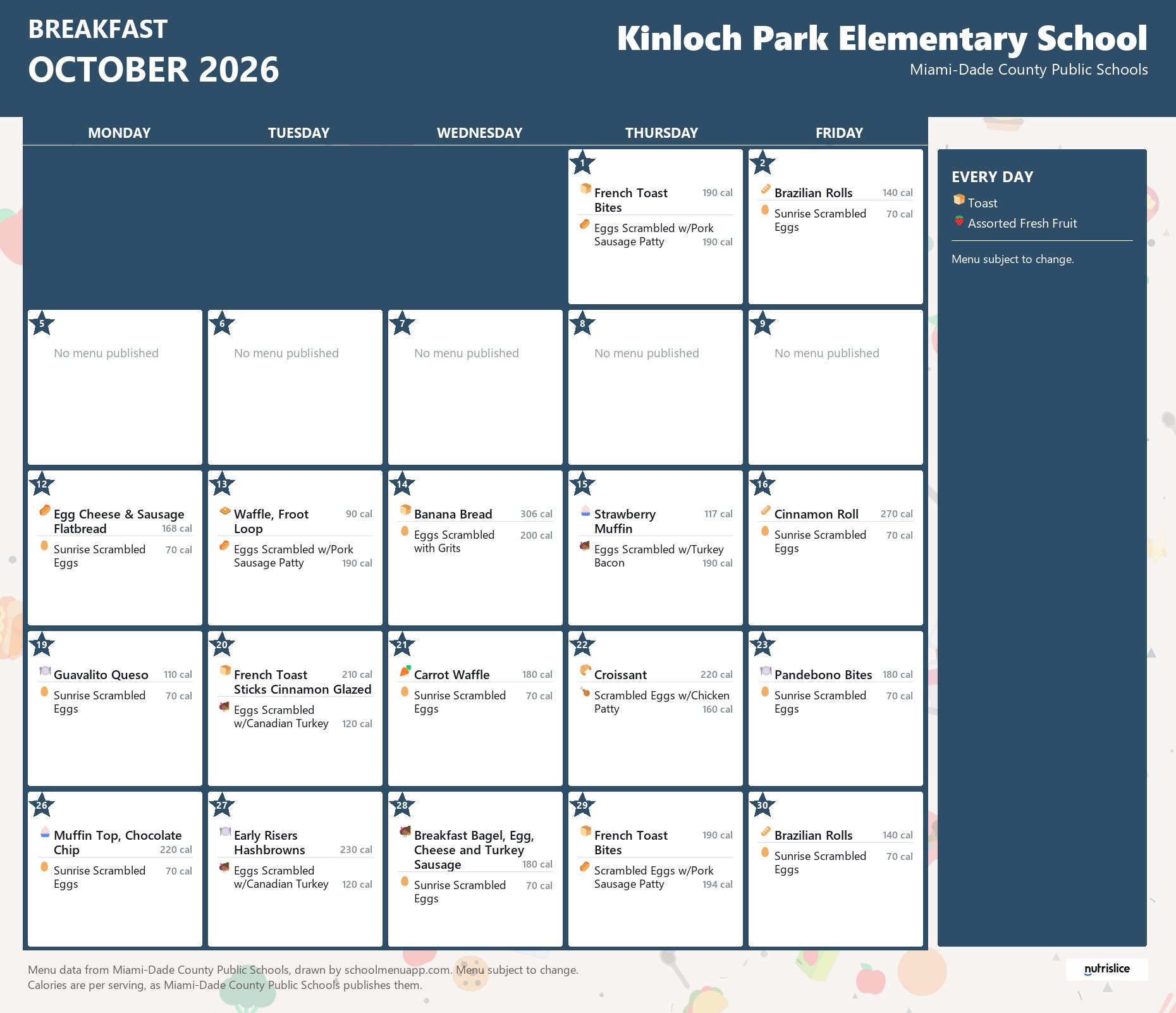 Kinloch Park Elementary School breakfast menu for October 2026 &mdash; Miami-Dade County Public Schools